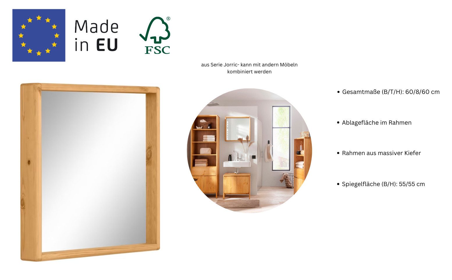 OTTO products Badspiegel Jorrick Frame van FSC®-gecertificeerd massief dennenhout, breedte 60 cm