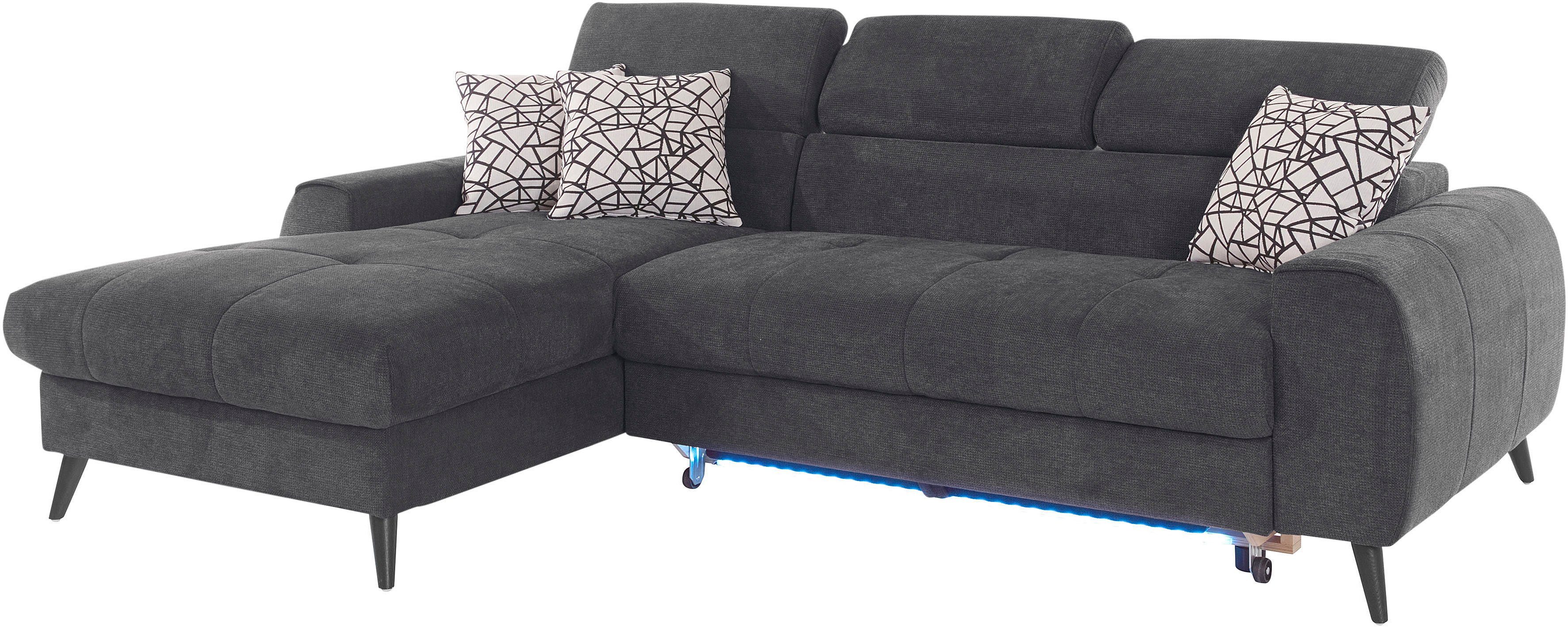 COTTA Hoekbank Mia L-vorm met 3 sierkussens keuze met bedfunctie, bedlade, verlichting & draadloze oplader