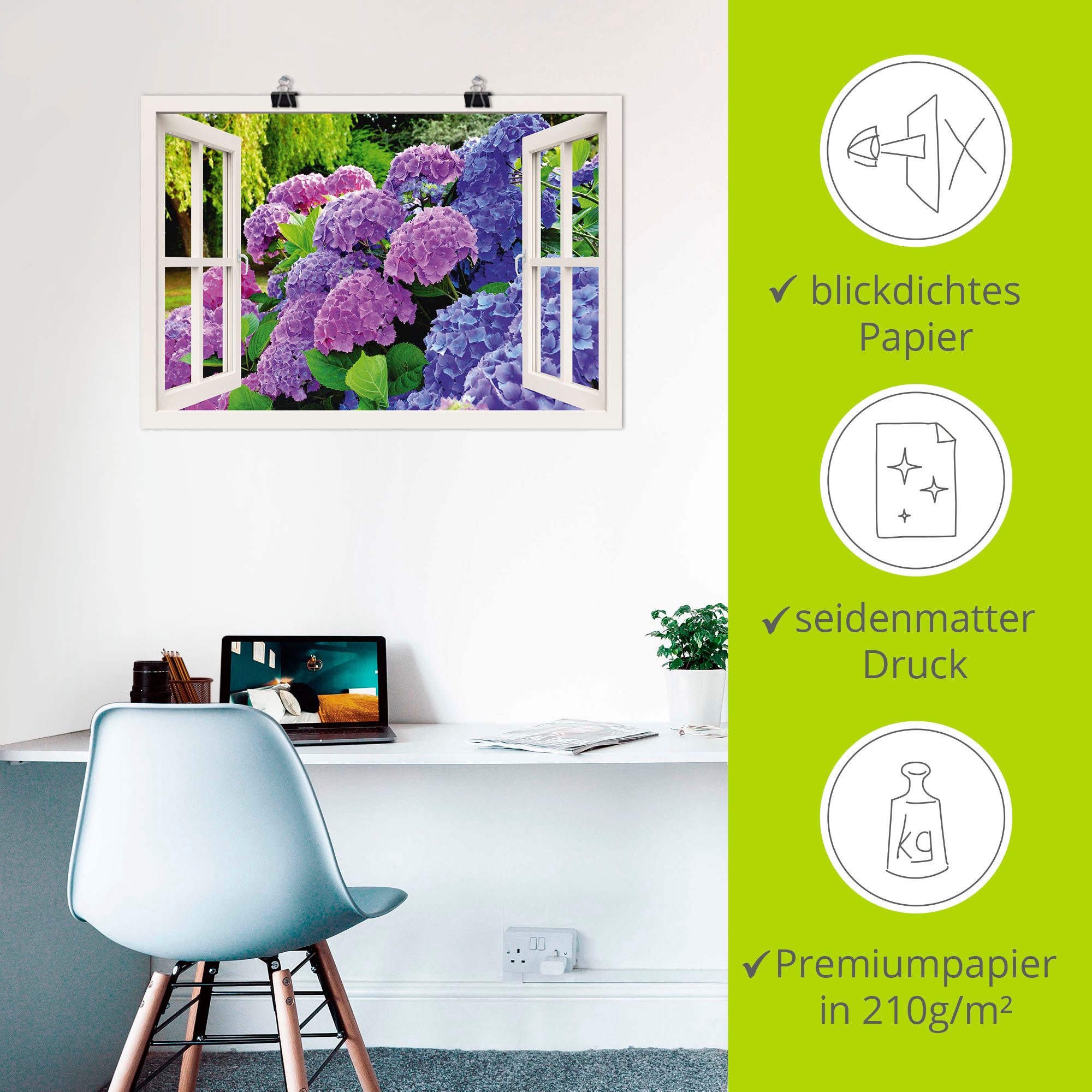 Artland Artprint Blik uit het venster hortensia's in de tuin als artprint op linnen, poster in verschillende formaten maten
