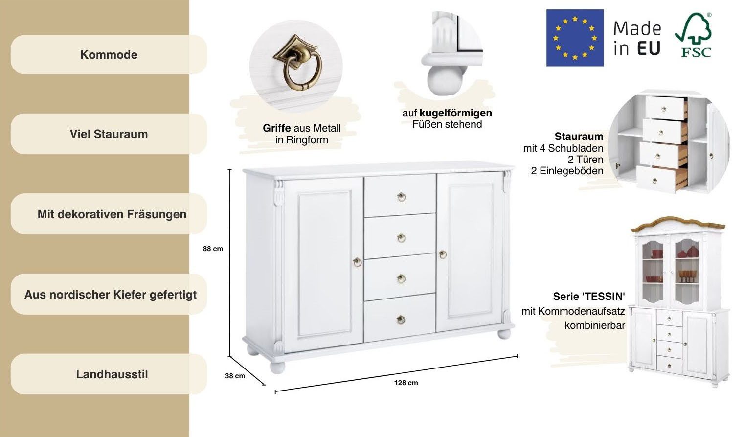Home affaire Kast met laden en deuren Tessin, buffetonderkast, klassieke landelijke stijl van massief, fsc®-gecertificeerd dennenhout, 128cm breed