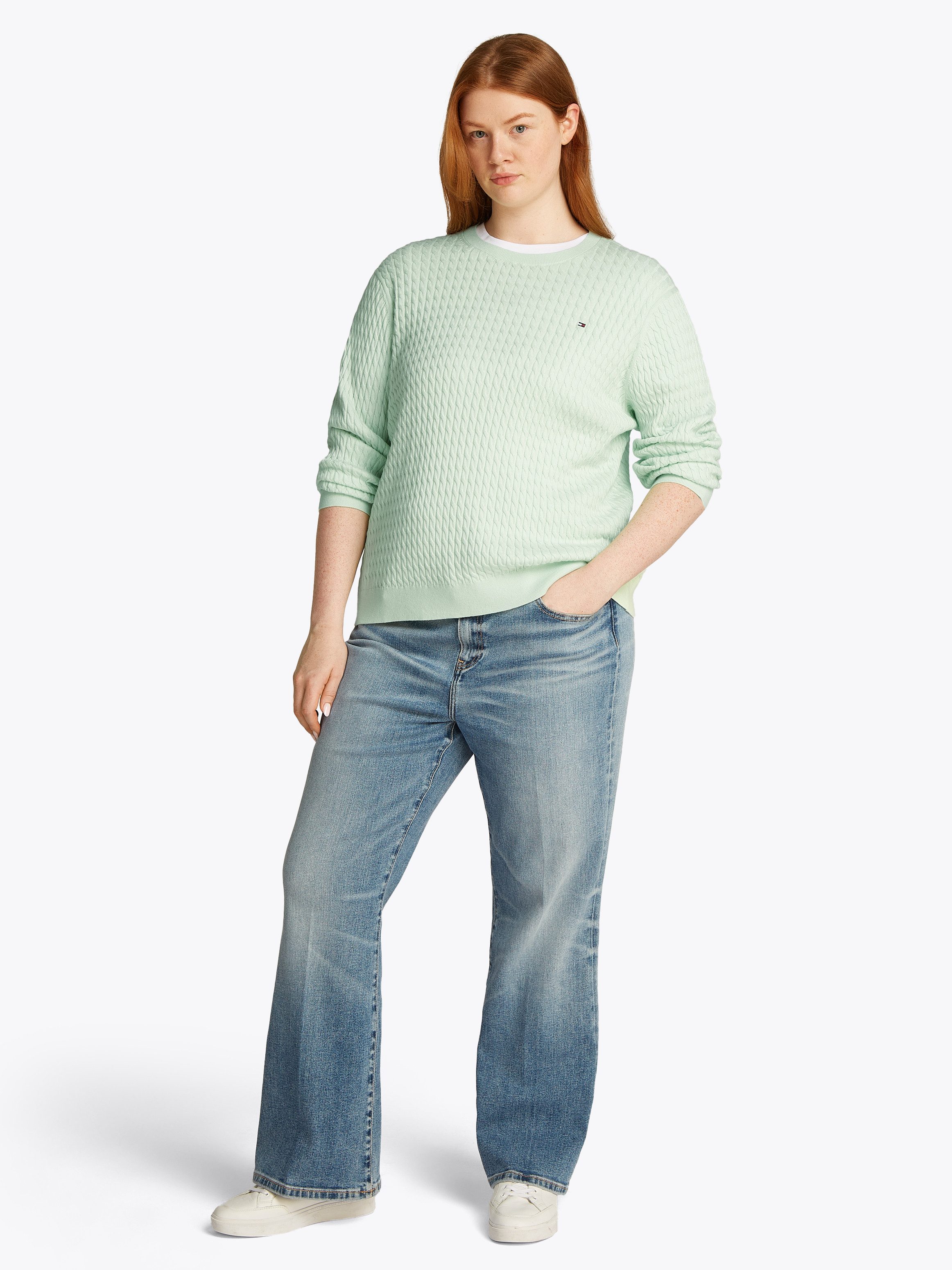 Tommy Hilfiger Curve Trui met ronde hals CRV CO CABLE C-NK LS SWEATER in grote maten, kabelpatroon, logoborduursel