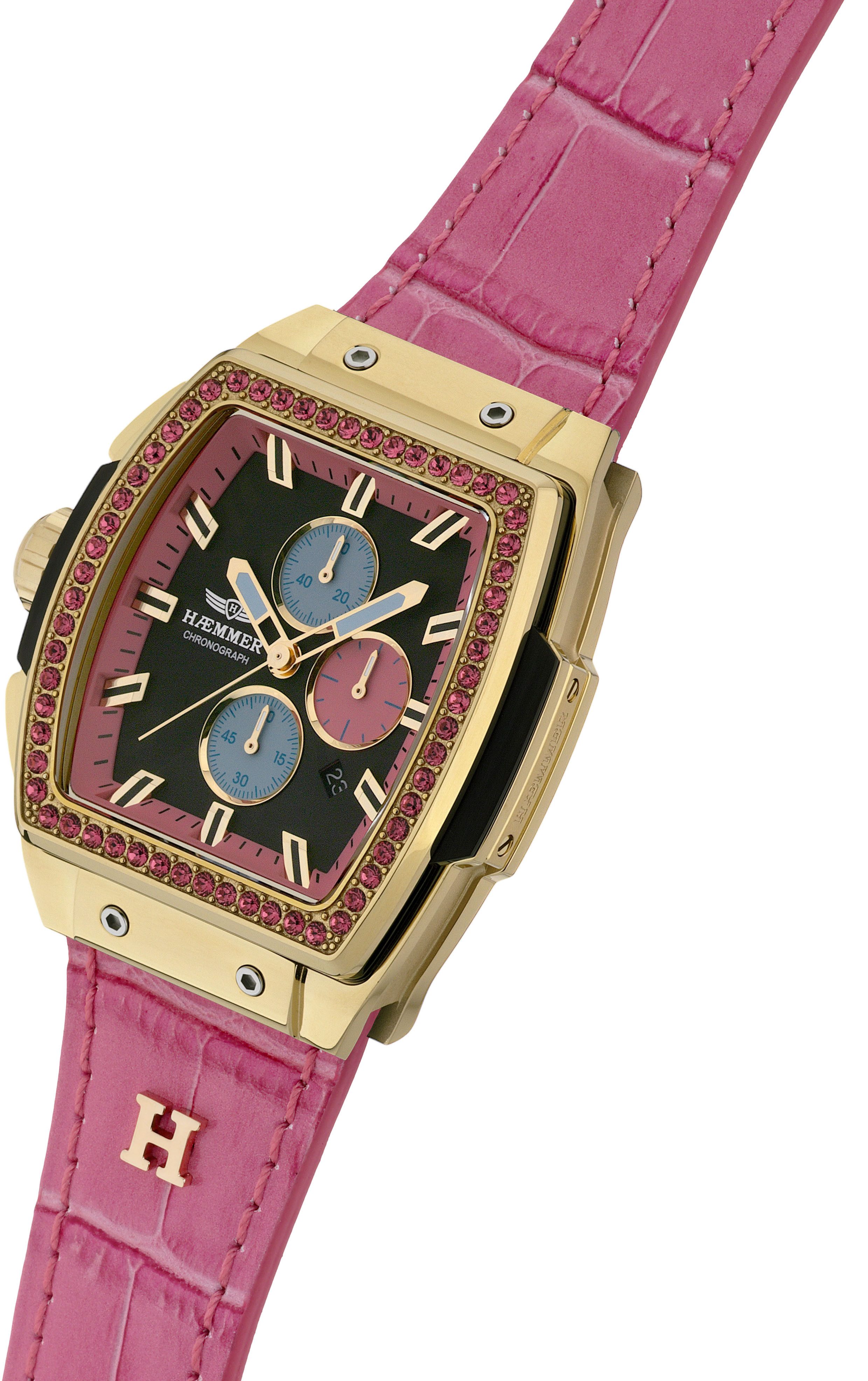 HAEMMER GERMANY Chronograaf TONNEAU Quartz horloge, polshorloge, dameshorloge, leren band, geschroefde kroon, datum
