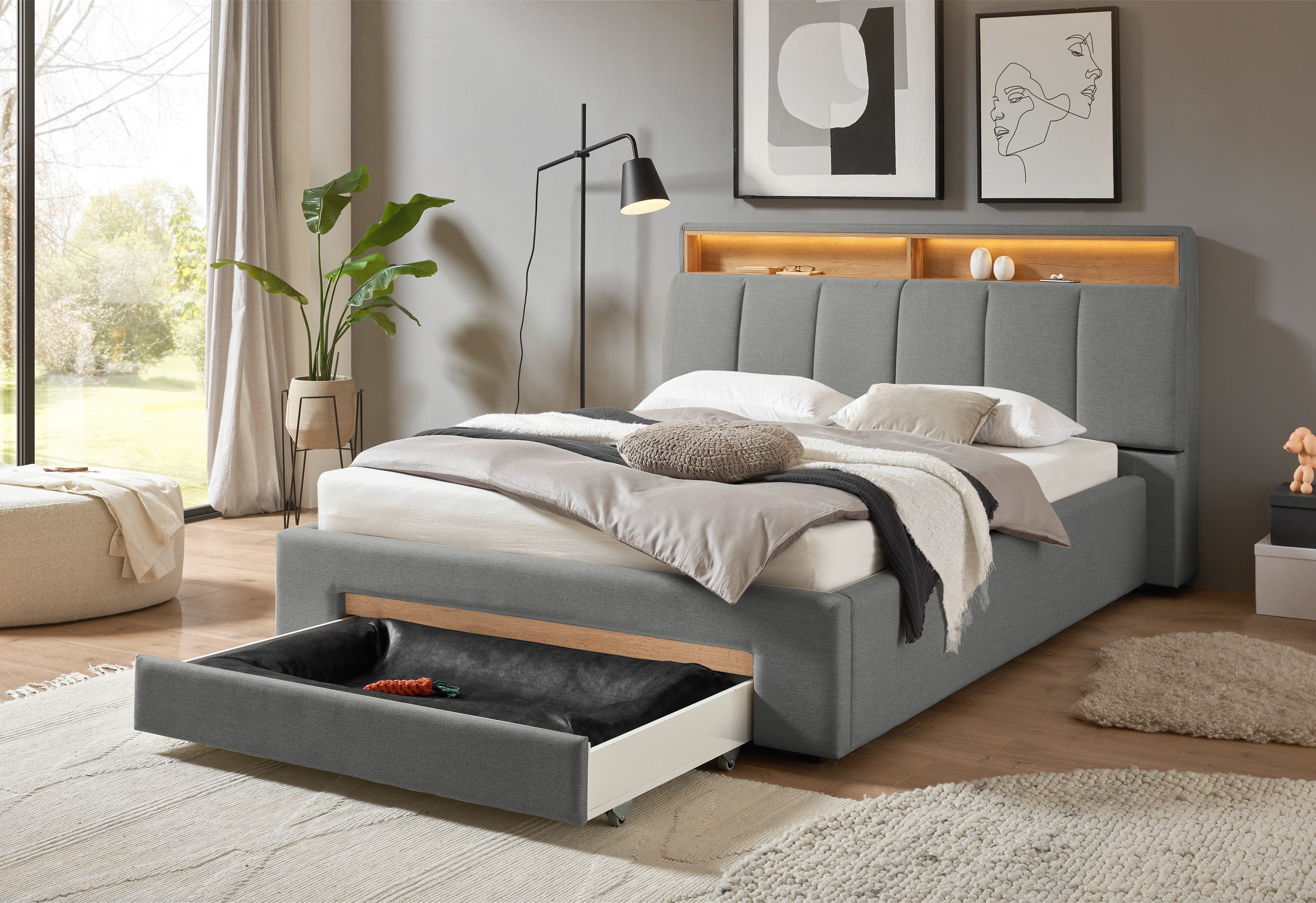 INOSIGN Gestoffeerd bed CiTY/GiRON,, gepolsterd opbergbed, met LED-verlichting Bedkisten met hondenbed of als opbergruimte, opklapbare hoofdeinden