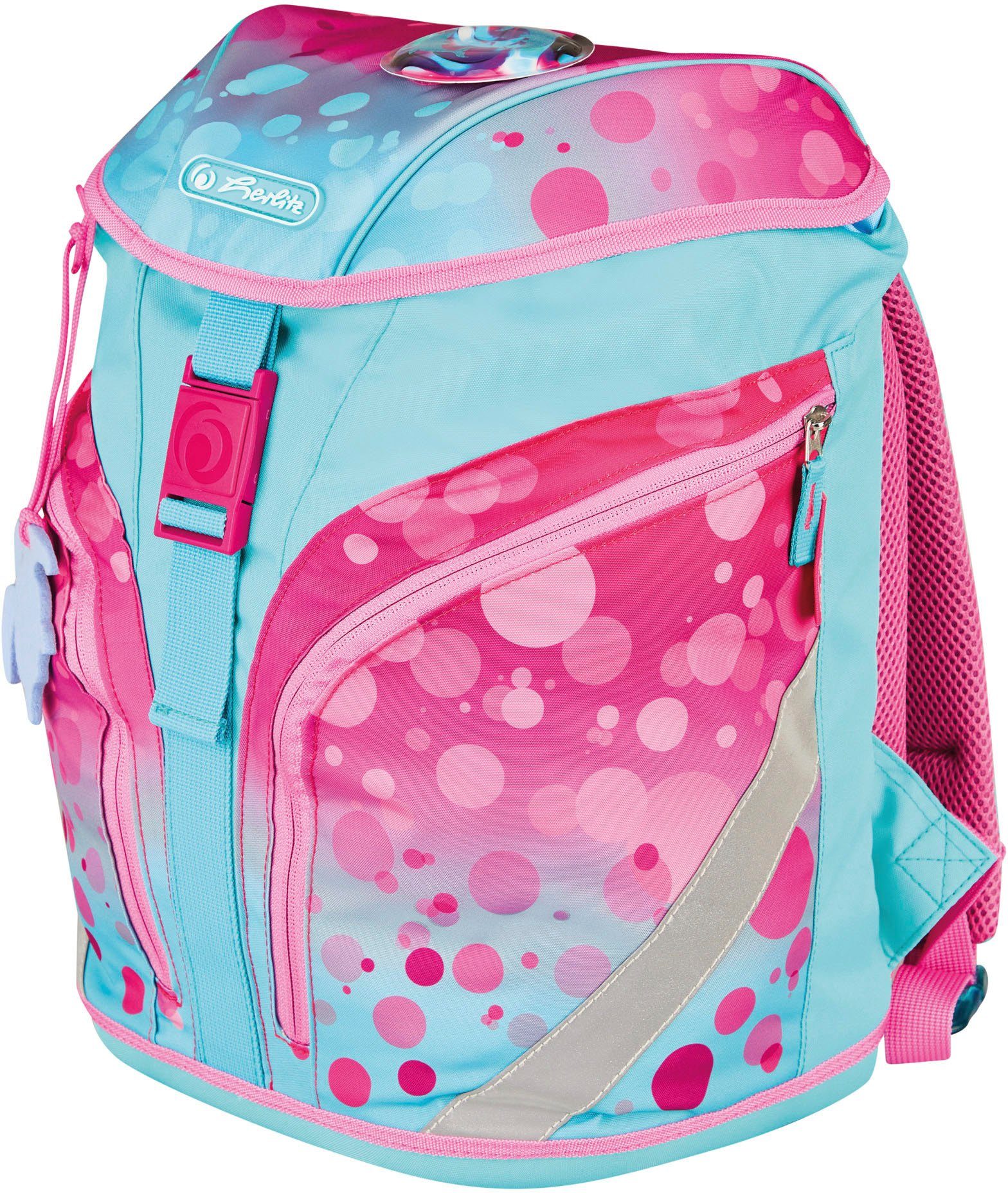 Herlitz Schoolrugzak SoftLight Plus GREENline, Pink Bubbles met afneembare applicatie en vilten hanger (set, 7-delig)