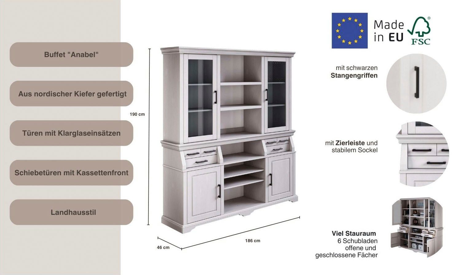 Home affaire Buffetkast Anabel, mit Glastüren und schwarzen Metallgriffen gecertificeerd massief hout, breedte 186 cm, in landhuisstijl