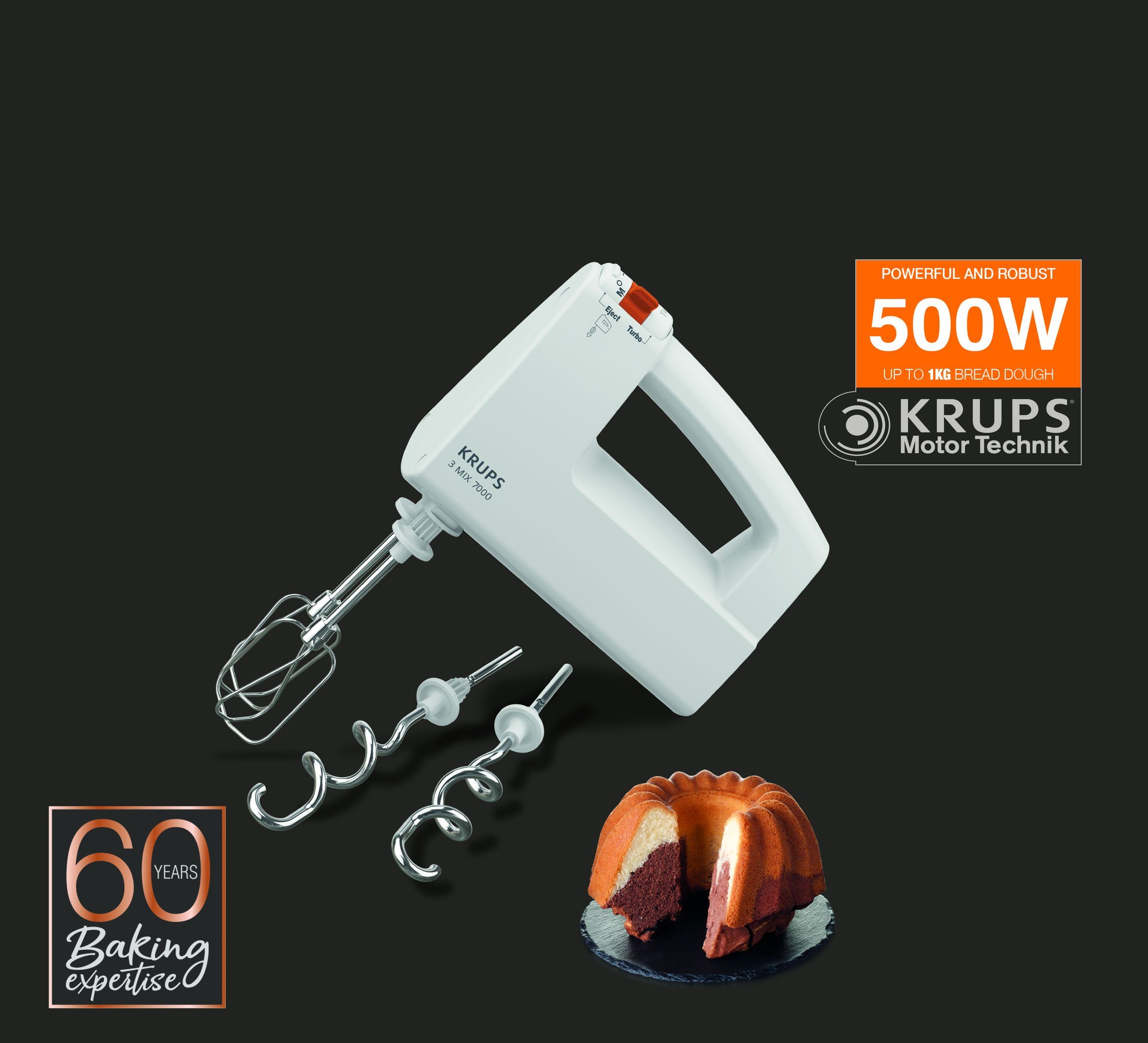 Krups Handmixer 3 MIX 7000 Turbo- en uitwerpknop, garde en kneedhaken van roestvrij staal, F60814