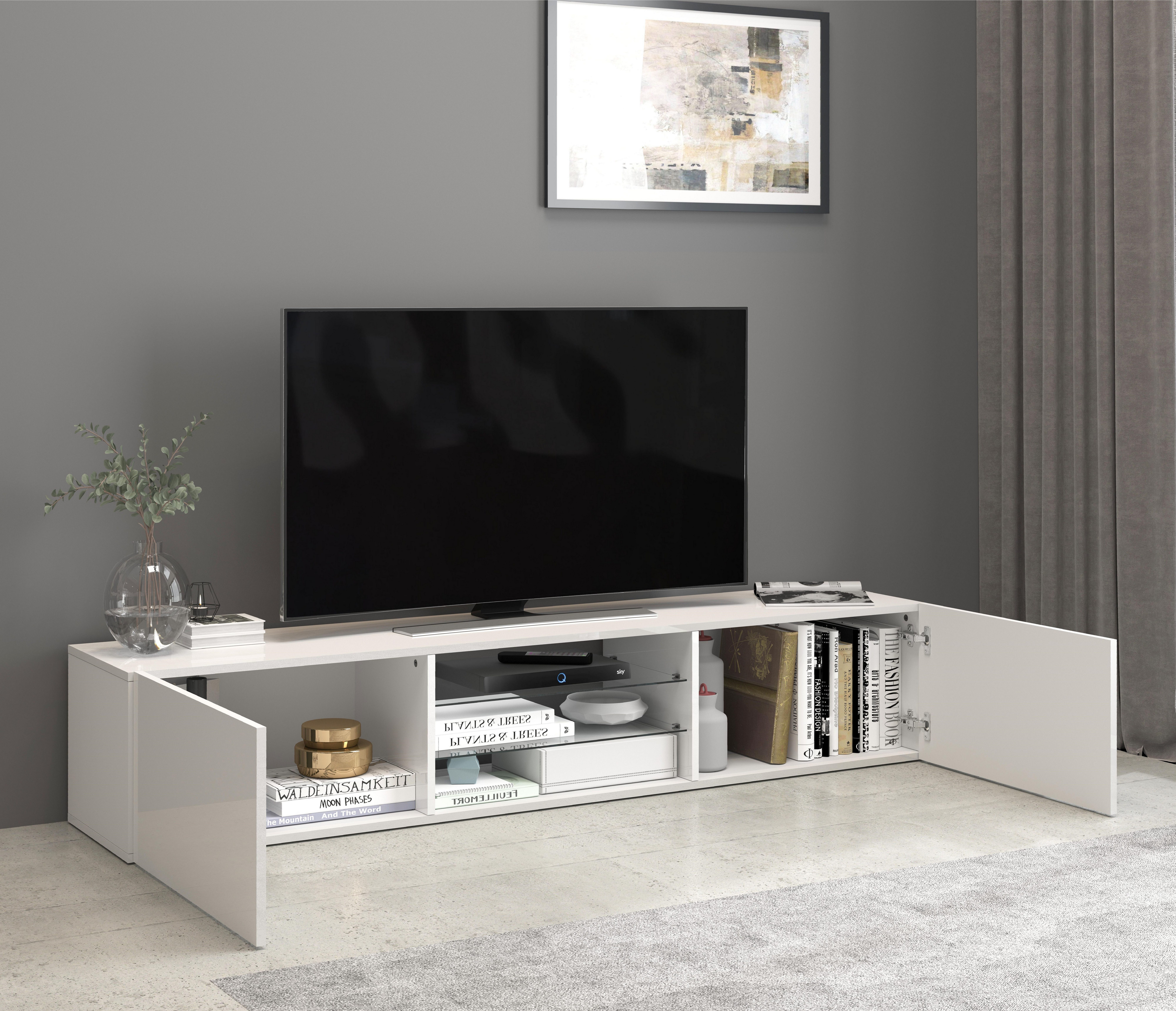 INOSIGN Tv-meubel Egypt, Lowboard, TV-ladekast, TV-meubel, TV-bank met 2 kleppen, 2 glazen planken, volledig hoogglans gelakt (b/d/h) 180x38x35 cm