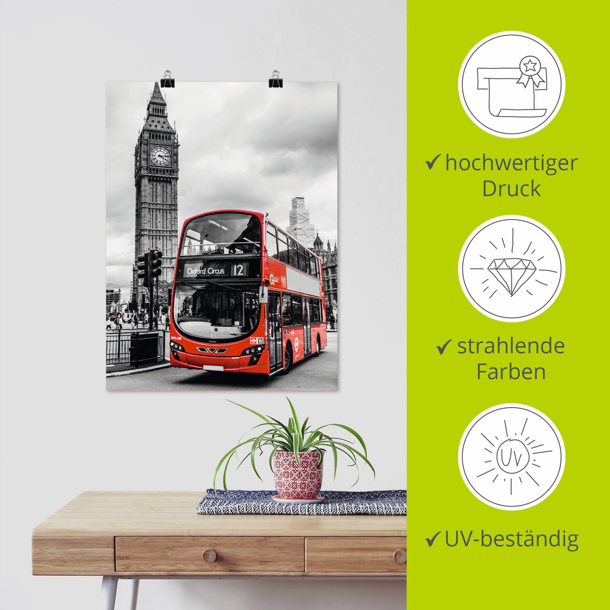 Artland Artprint Londen Bus en Big Ben als artprint op linnen, poster in verschillende formaten maten