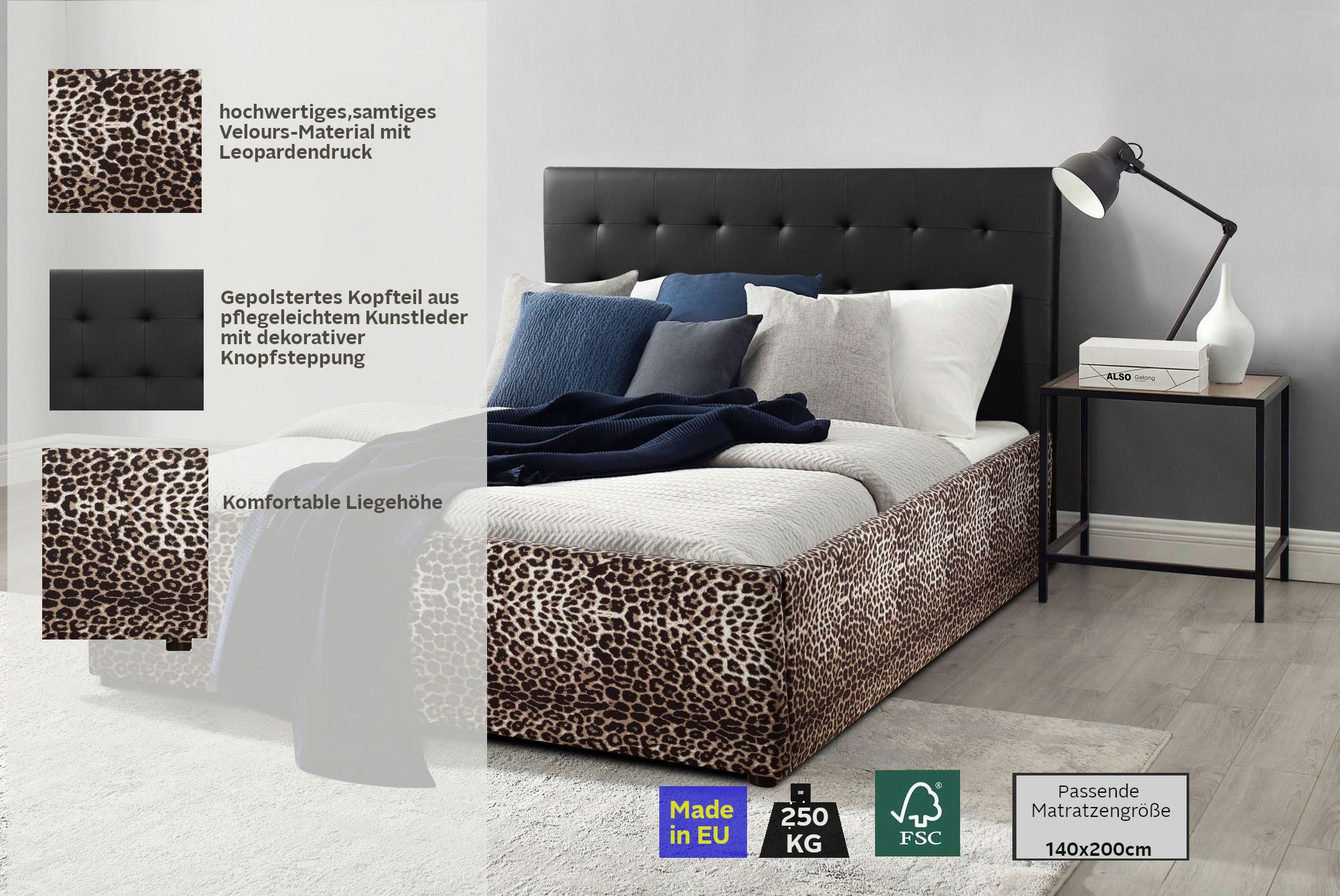 Home affaire Gestoffeerd bed Hamar-Leo, OTTO's Choice, luipaardbed, kunstleer met fluweelstof