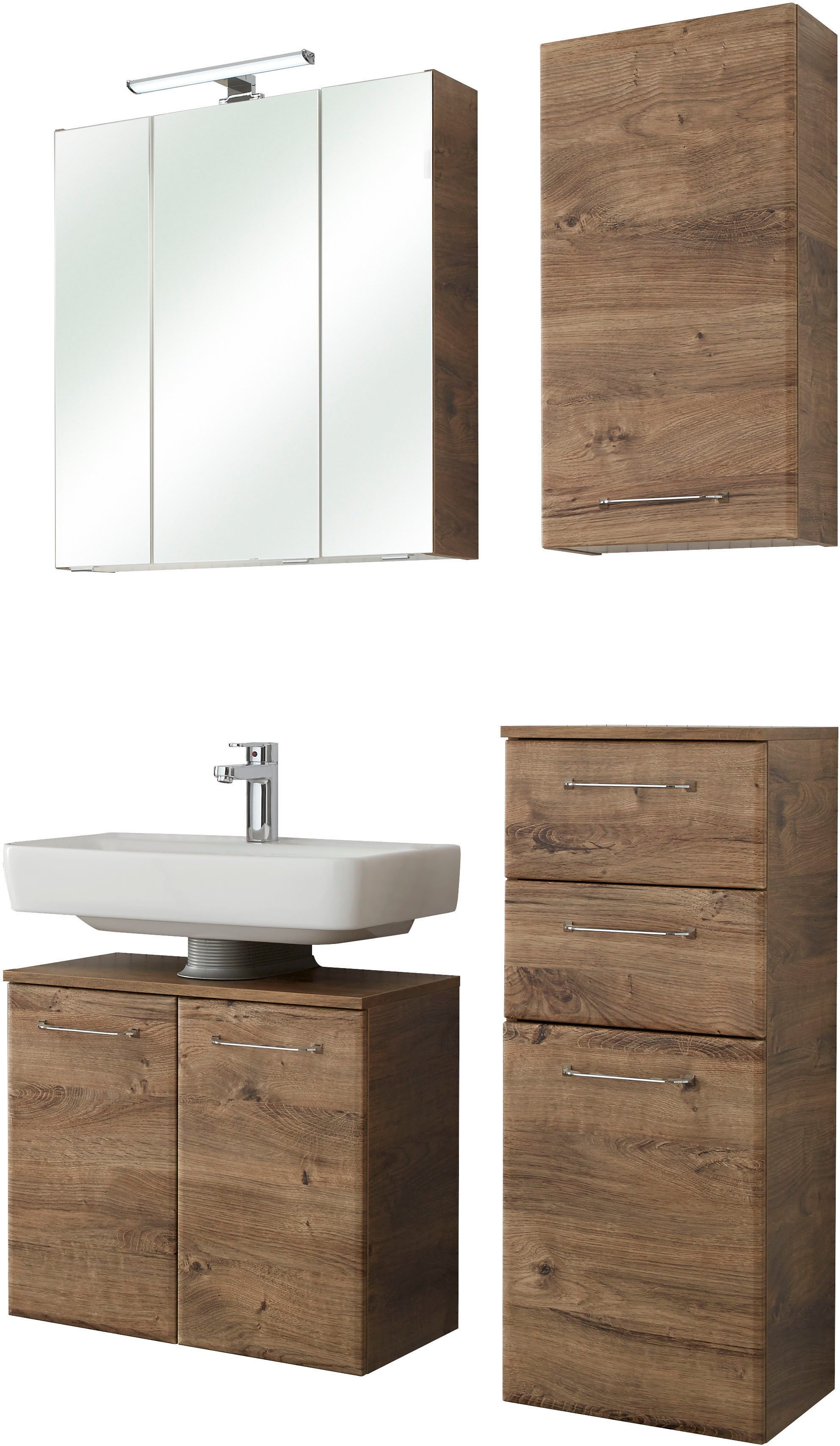 Saphir Badmeubelset Quickset 943 4-delig, glazen wastafel en LED-spiegelkast Badmeubels zonder wastafel, incl. deurdemper, 7 deuren, 2 lades (set, 4