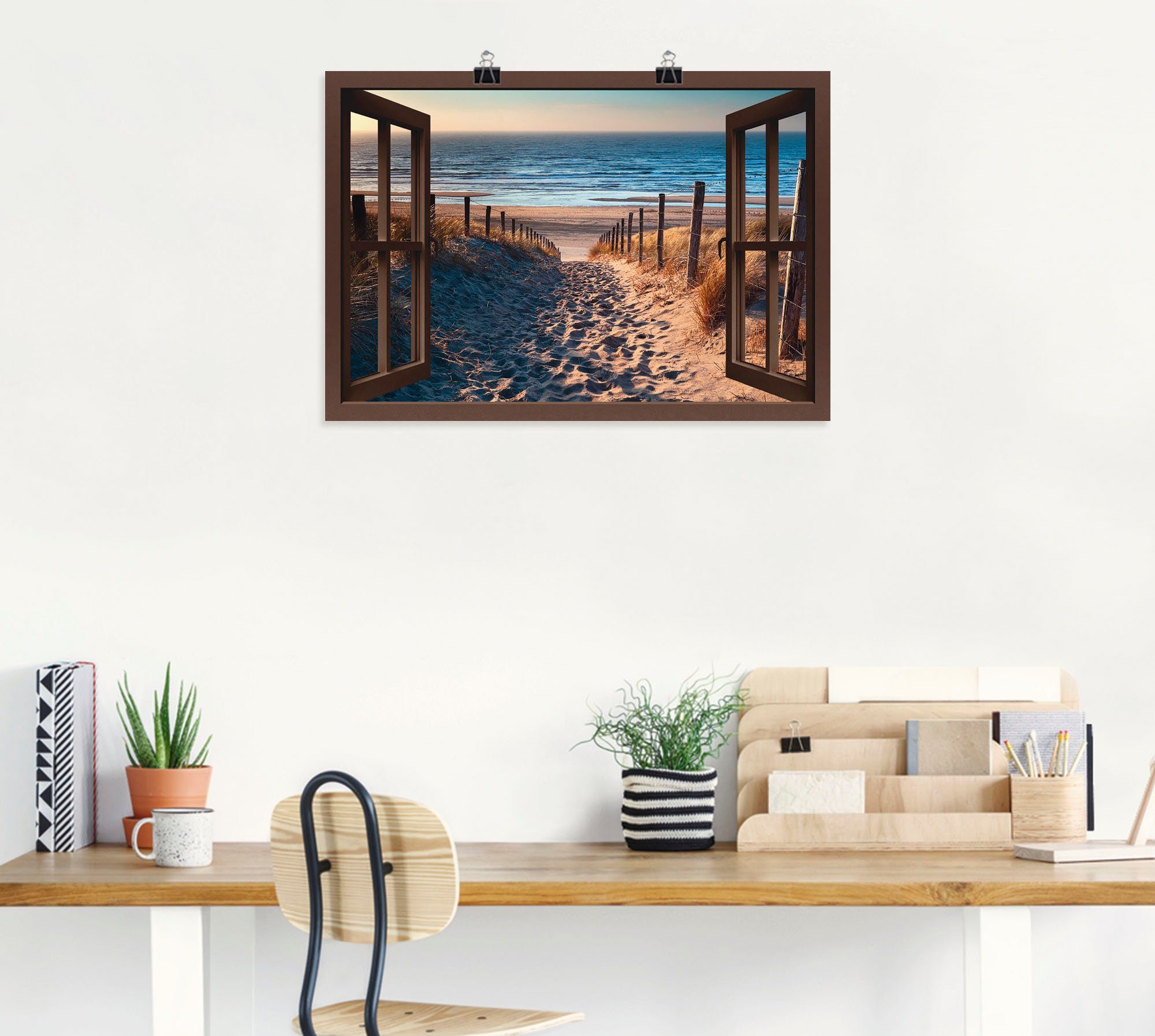 Artland Artprint Blik uit het venster weg naar Noordzeestrand als artprint op linnen, poster, muursticker in verschillende maten