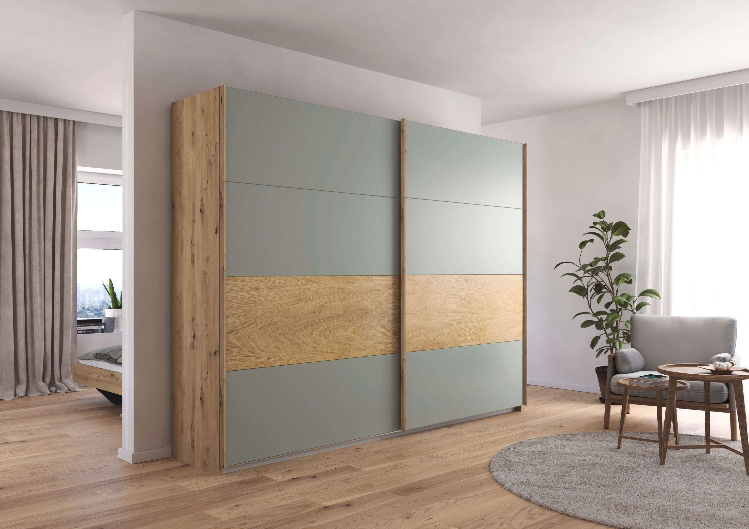 rauch Schuifdeurkast Kledingkast Kast Garderobe Slaapkamerkast MALVA Buikband afgewerkt in geborsteld eikenfineer MADE IN GERMANY
