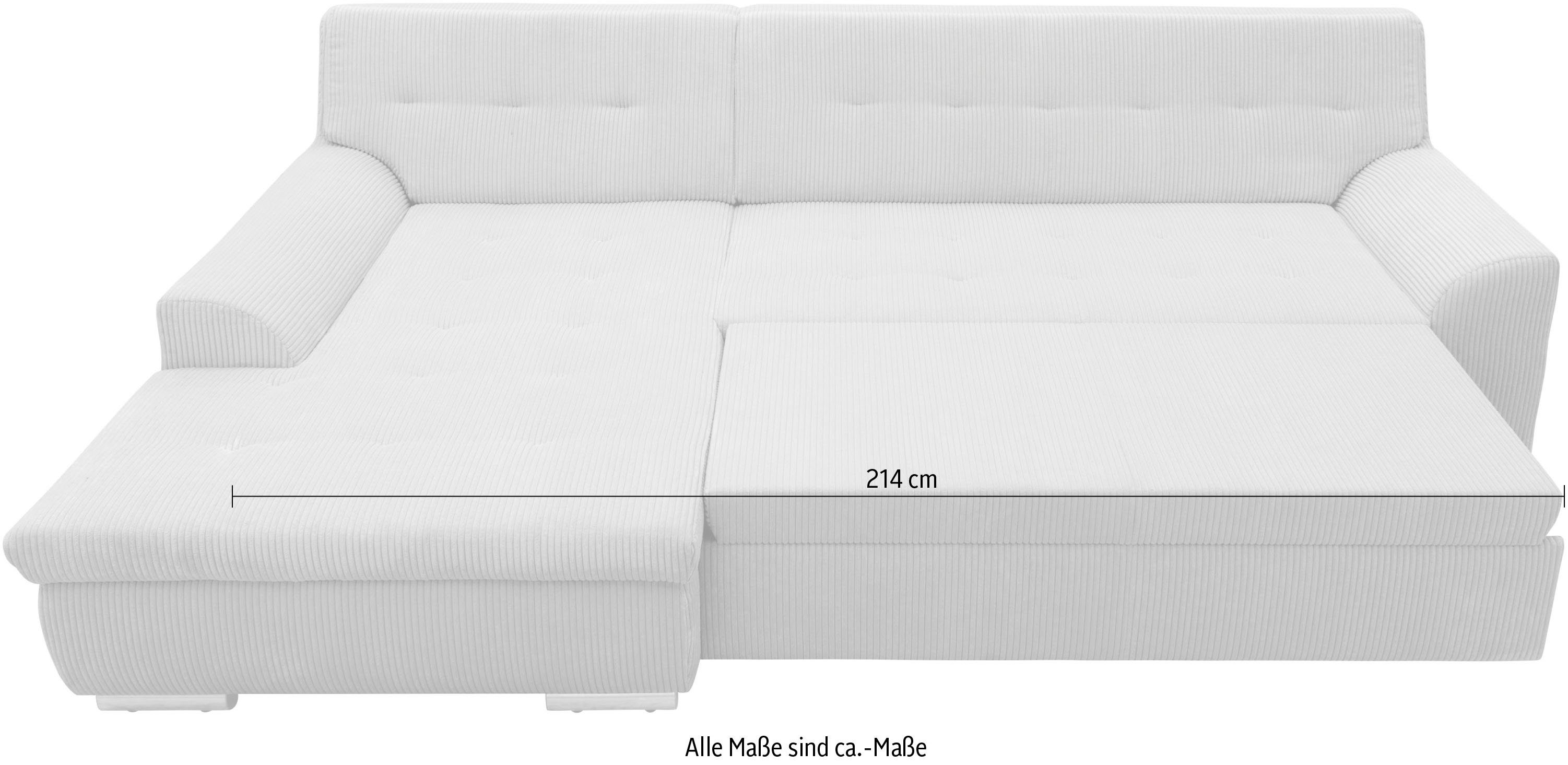 DOMO collection Hoekbank Treviso veel bekledingen, ook in cord, L-vorm, B/D/H: 267/80/83 cm optioneel met slaapbank functie, incl. sierkussens, hoogwaardig doorgestikt patroon