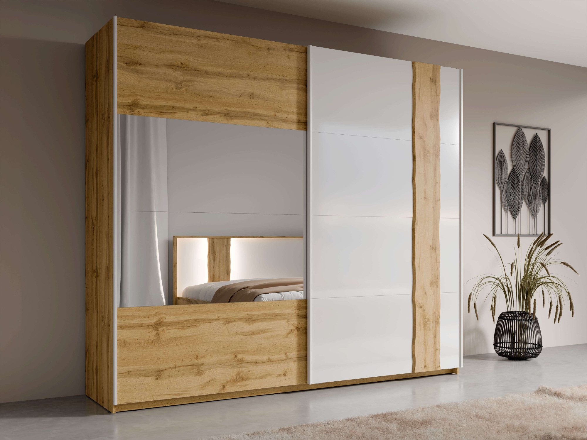 Home affaire Kledingkast Fabella met spiegel, 8 legplanken en 2 kledingstangen Kledingkast met 2 schuifdeuren en spiegel, BxHxD 250x218x66,5 cm