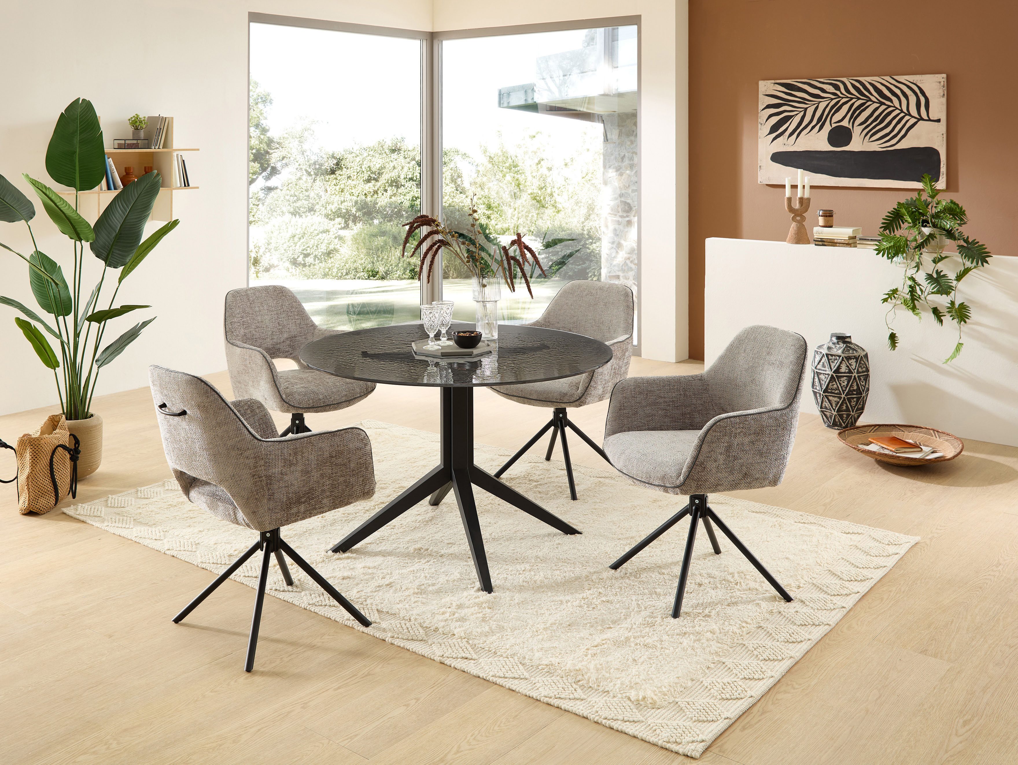 Stolkom Eettafel Leano ronde glazen tafel zwart, eettafel BxH 110x76 cm Veiligheidsglas breukveilig, water ripple effect zwart getint