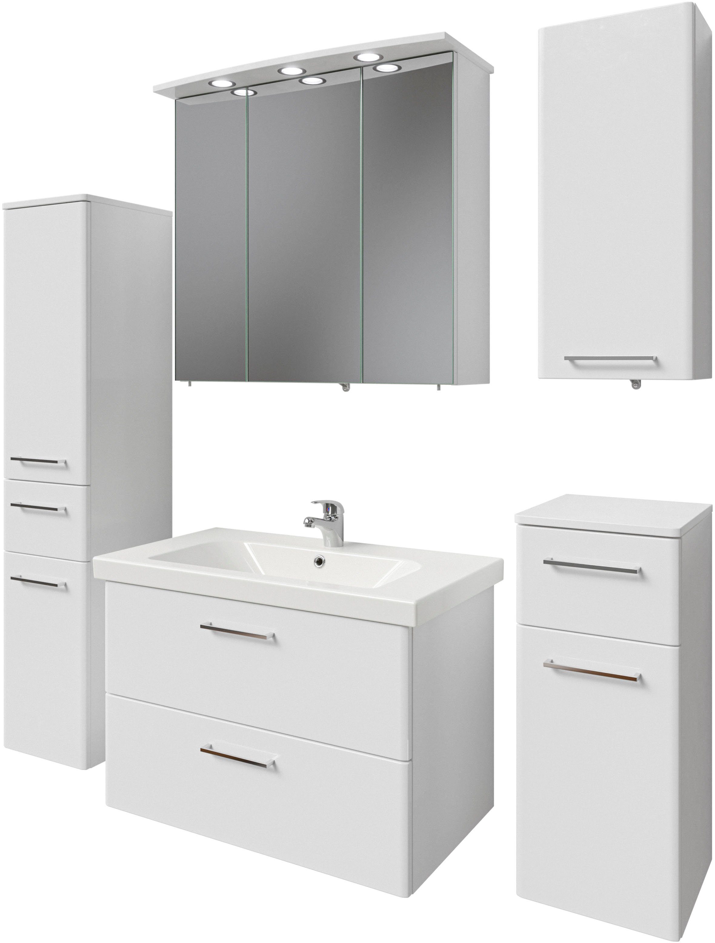 Saphir Badkamerserie Quickset 316 5-delig, keramieken wastafel met led-spiegelkast Halfhoge kast, onderkast, hangend kastje, 7 deuren, inclusief