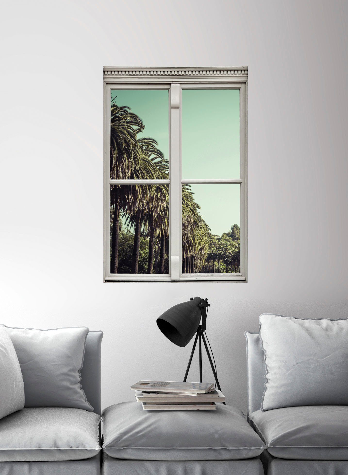 queence Wandfolie Palmenlaan Muursticker, muurdecoratie, zelfklevend, 3D, raam