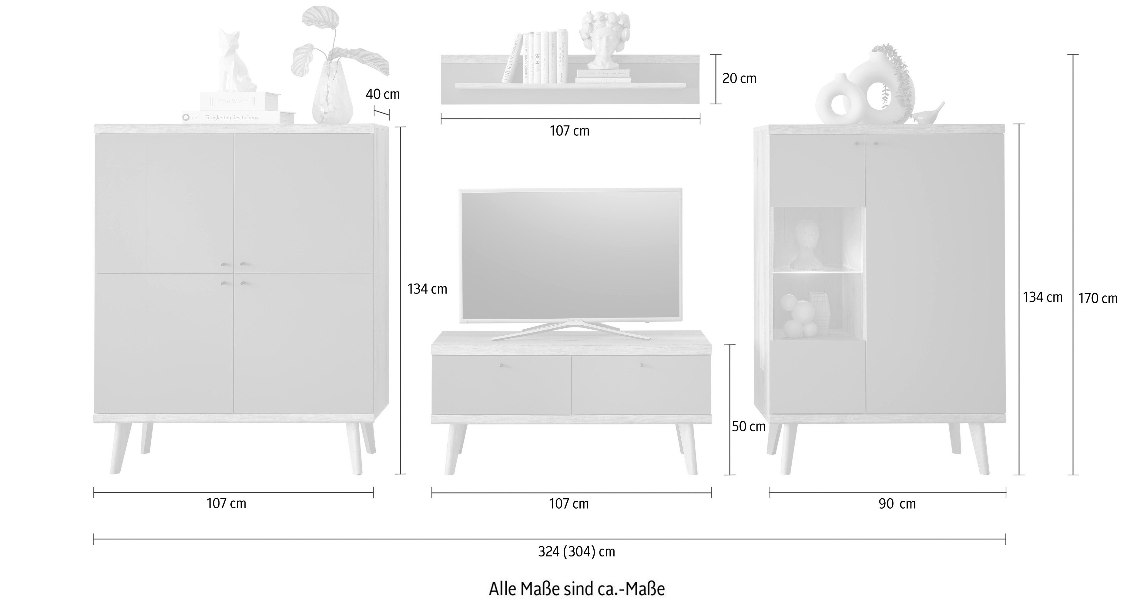 INOSIGN Wandmeubel MAVAS in moderne trendkleur, handgrepen van metaal (zwart), breedte 324 cm (set, 4-delig)
