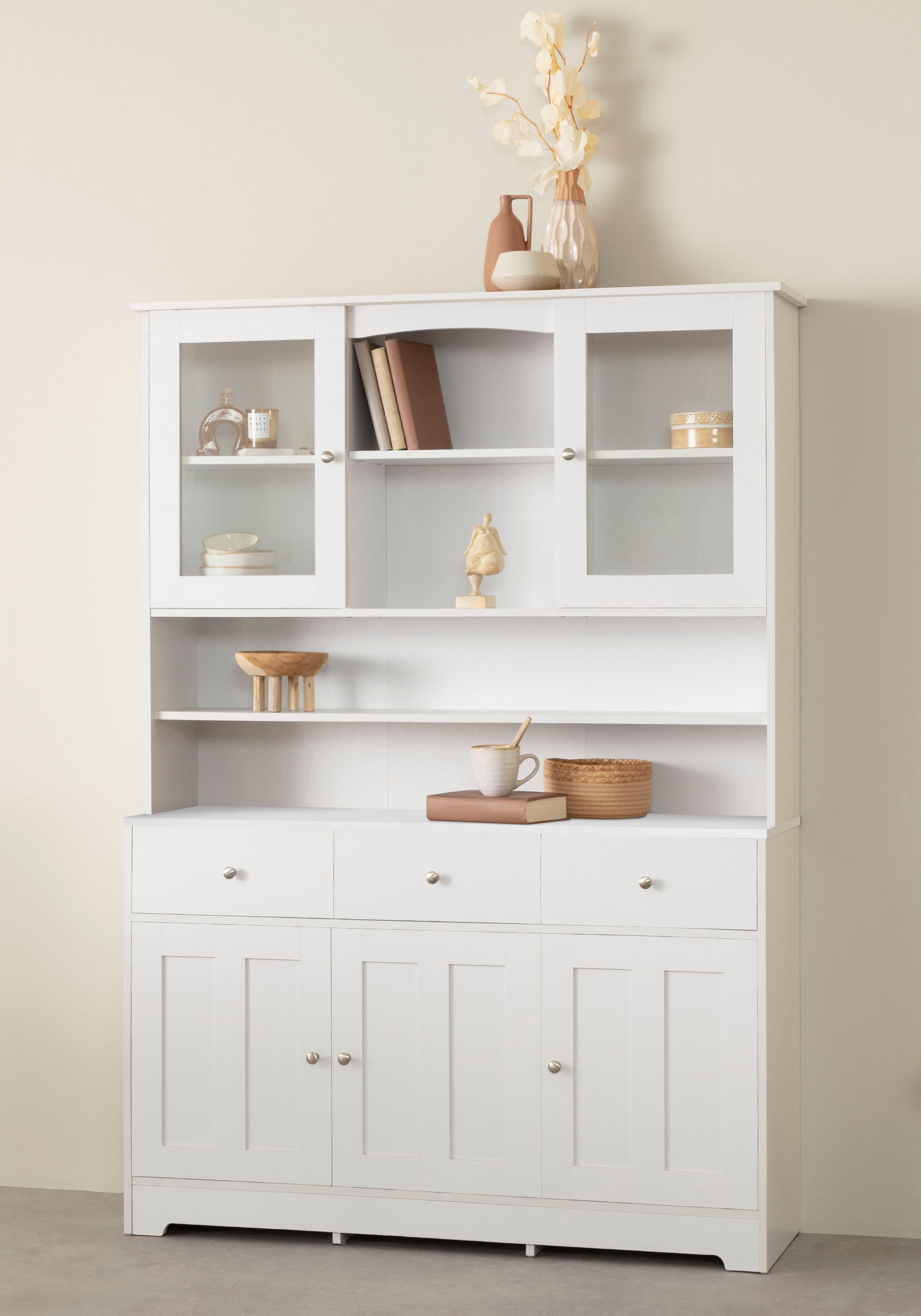 Home affaire Buffetkast Kate Breedte 128 cm, met glasdeuren en houten deuren, metalen grepen, hoogte 182 cm