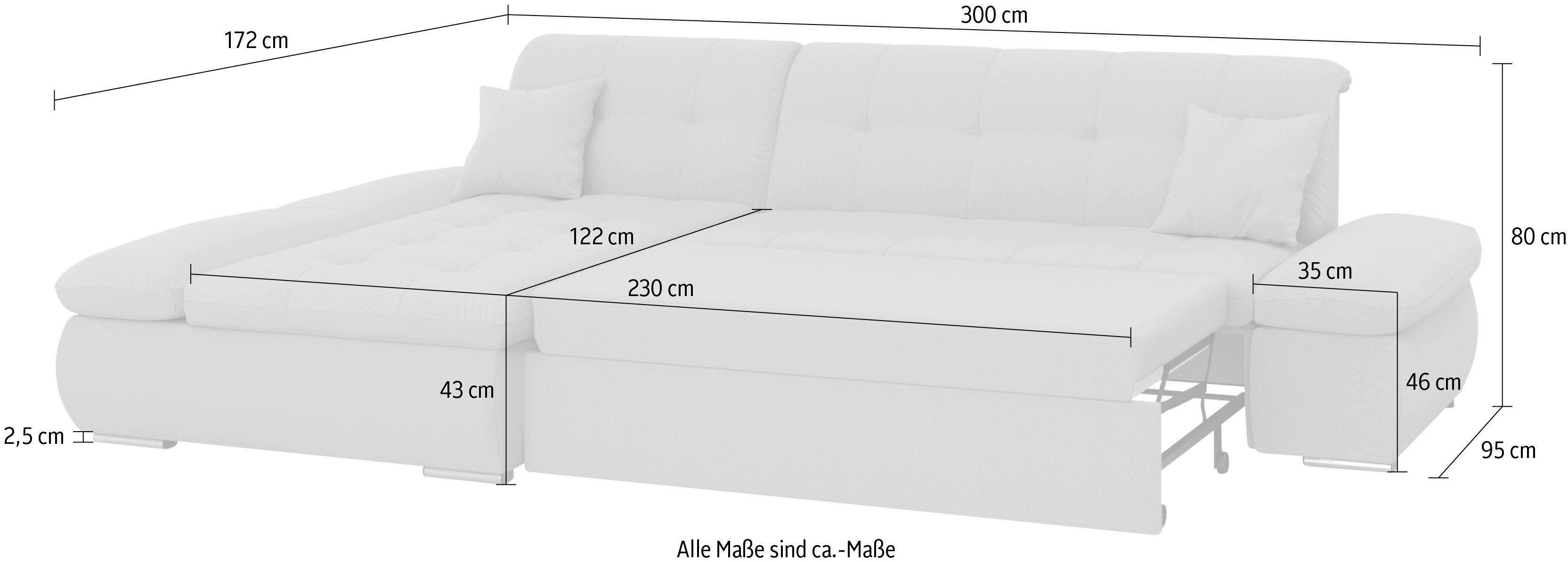 DOMO collection Hoekbank Moric bxdxh 300x172x80 cm, ook in cord, L-model XXL-formaat, optioneel ook met slaapbank functie en verstelling armleuning,
