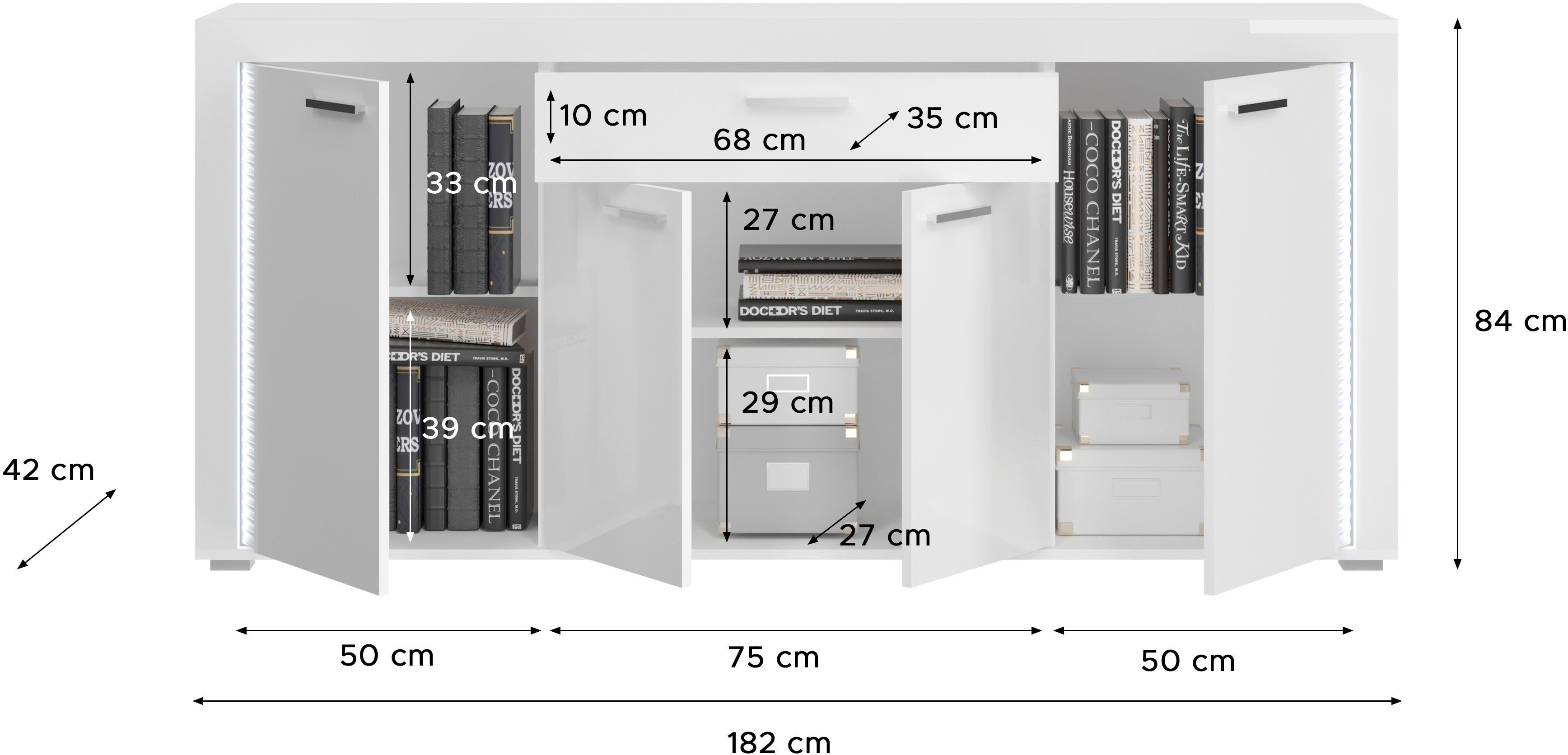 INOSIGN Dressoir Viborg, Breedte 182 cm, inclusief verticale frontverlichting