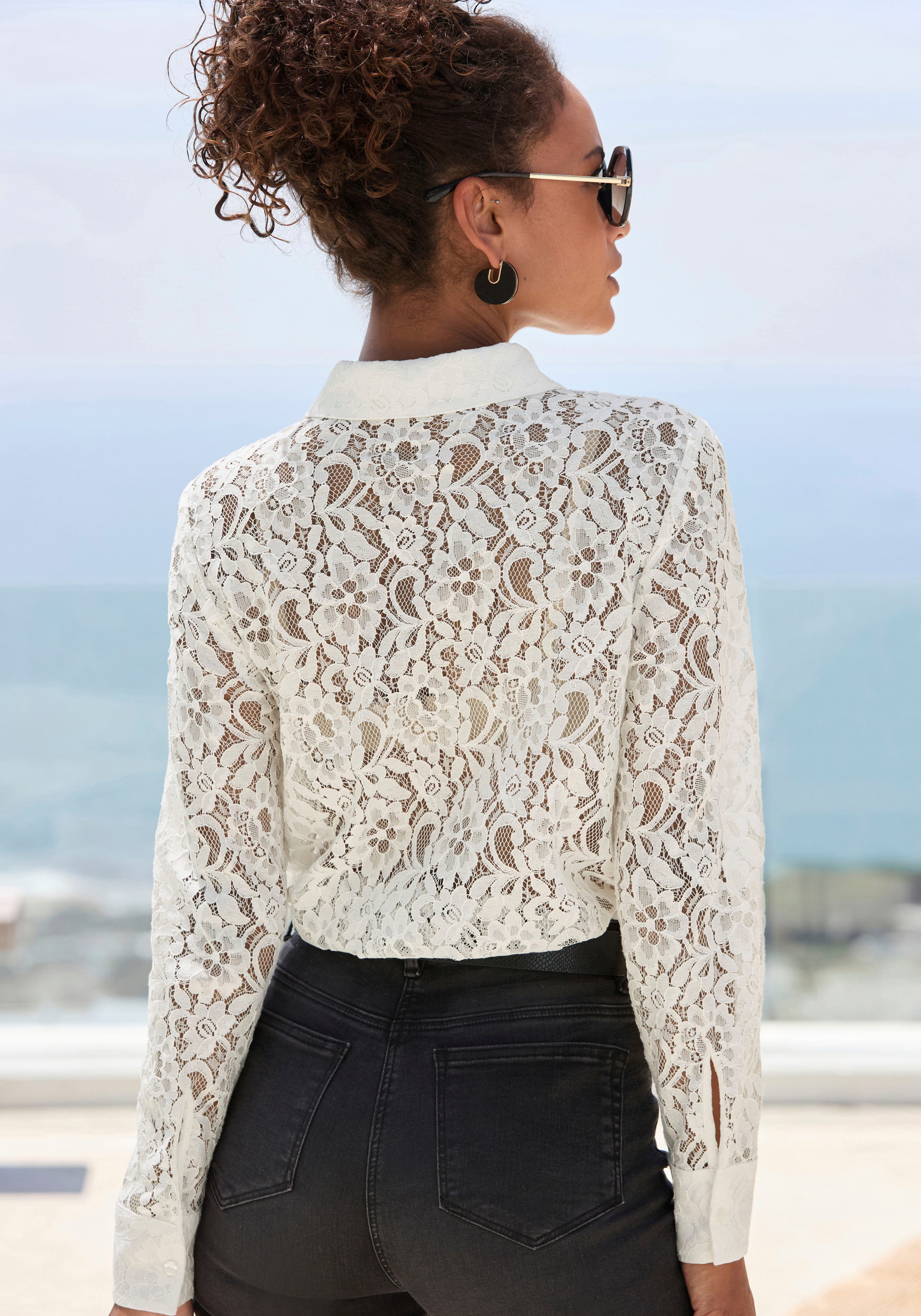 Lascana Kanten blouse met overhemdkraag kanten blouse transparante blouse feestelijk