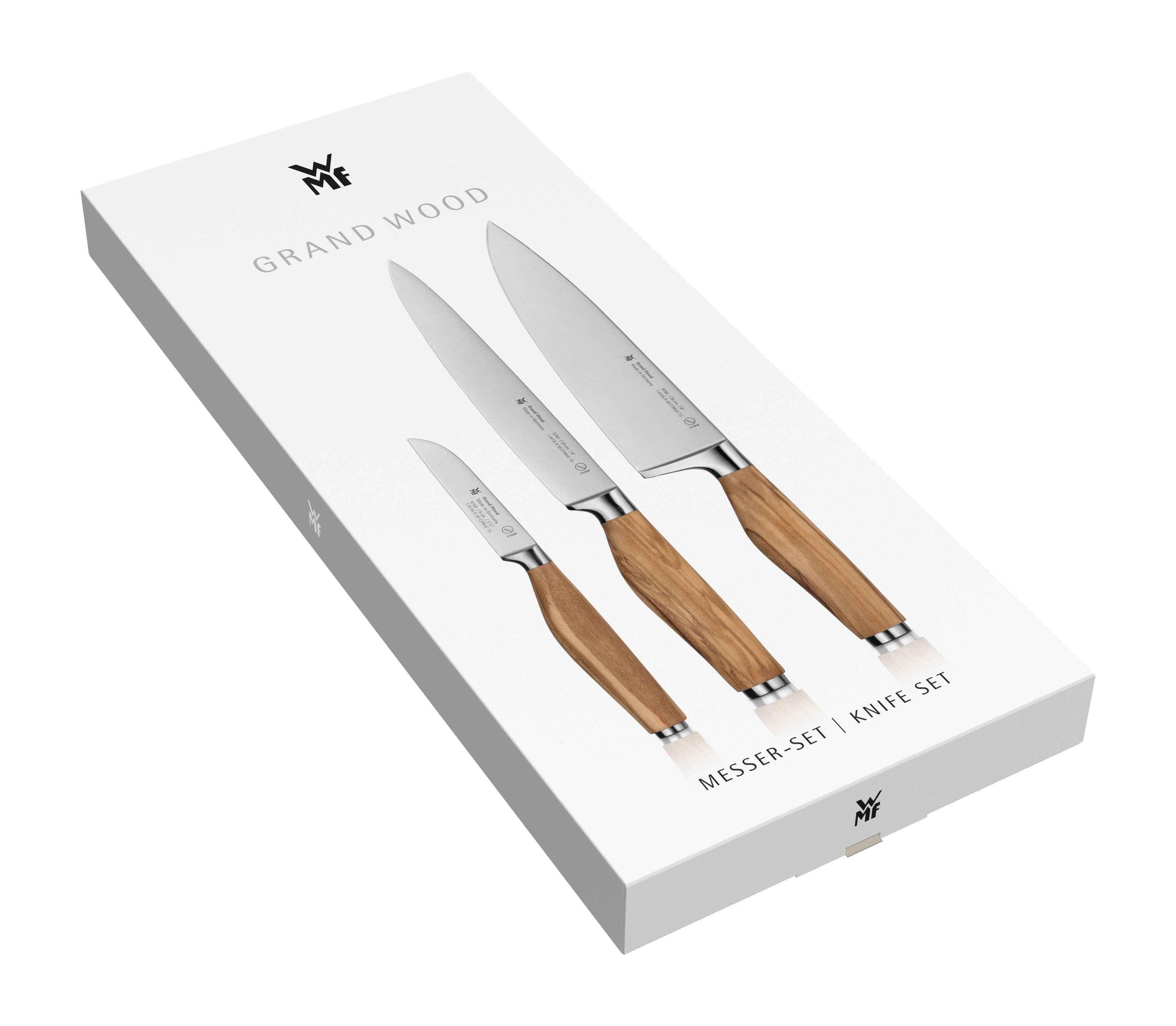 WMF Messenset Grand Wood 3-delig, olijfhouten handvaten, speciaal snijstaal, perfect uitgebalanceerd (set, 3-delig)