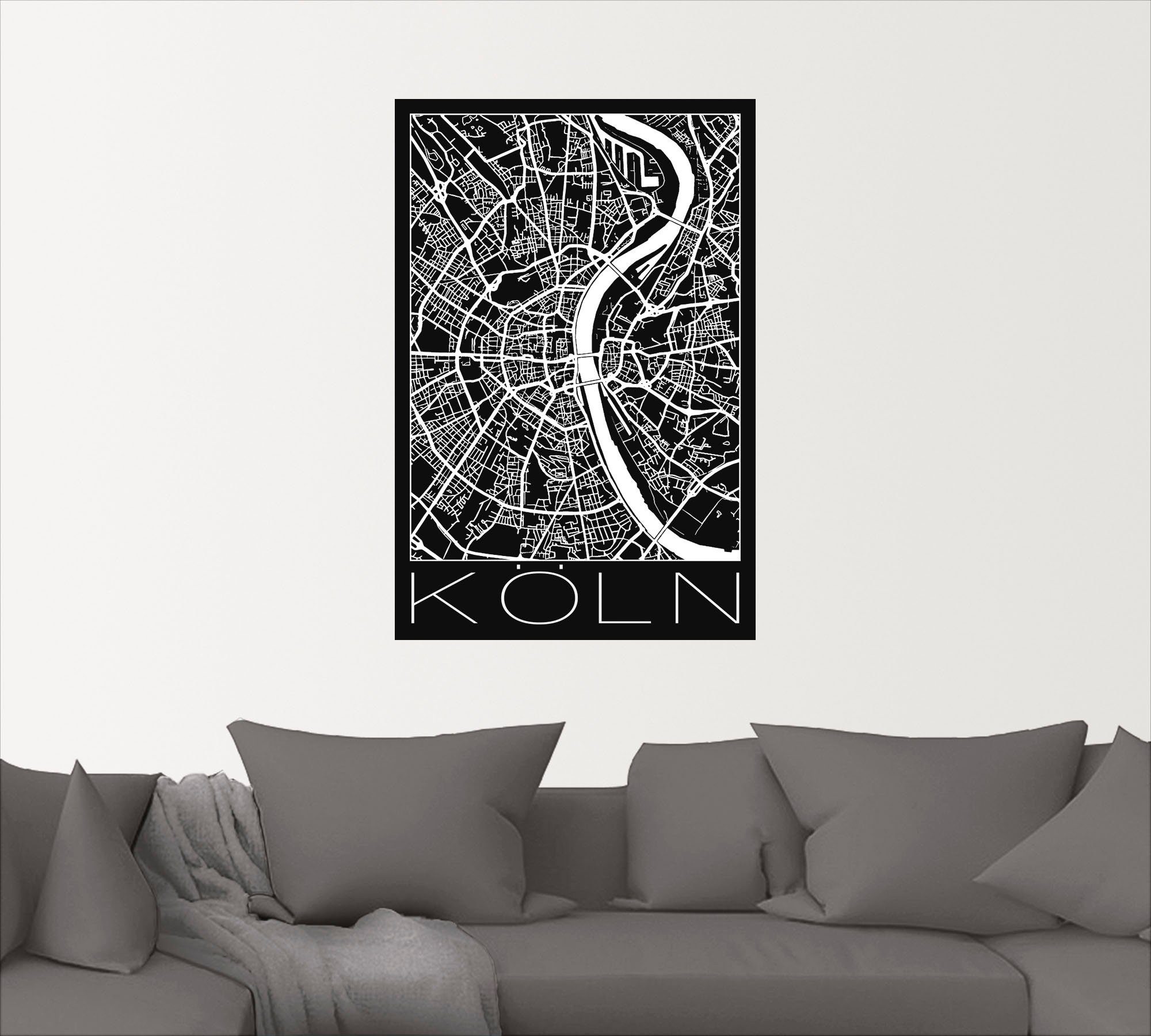 Artland Artprint Retro kaart Keulen Duitsland zwart als poster, muursticker in verschillende maten
