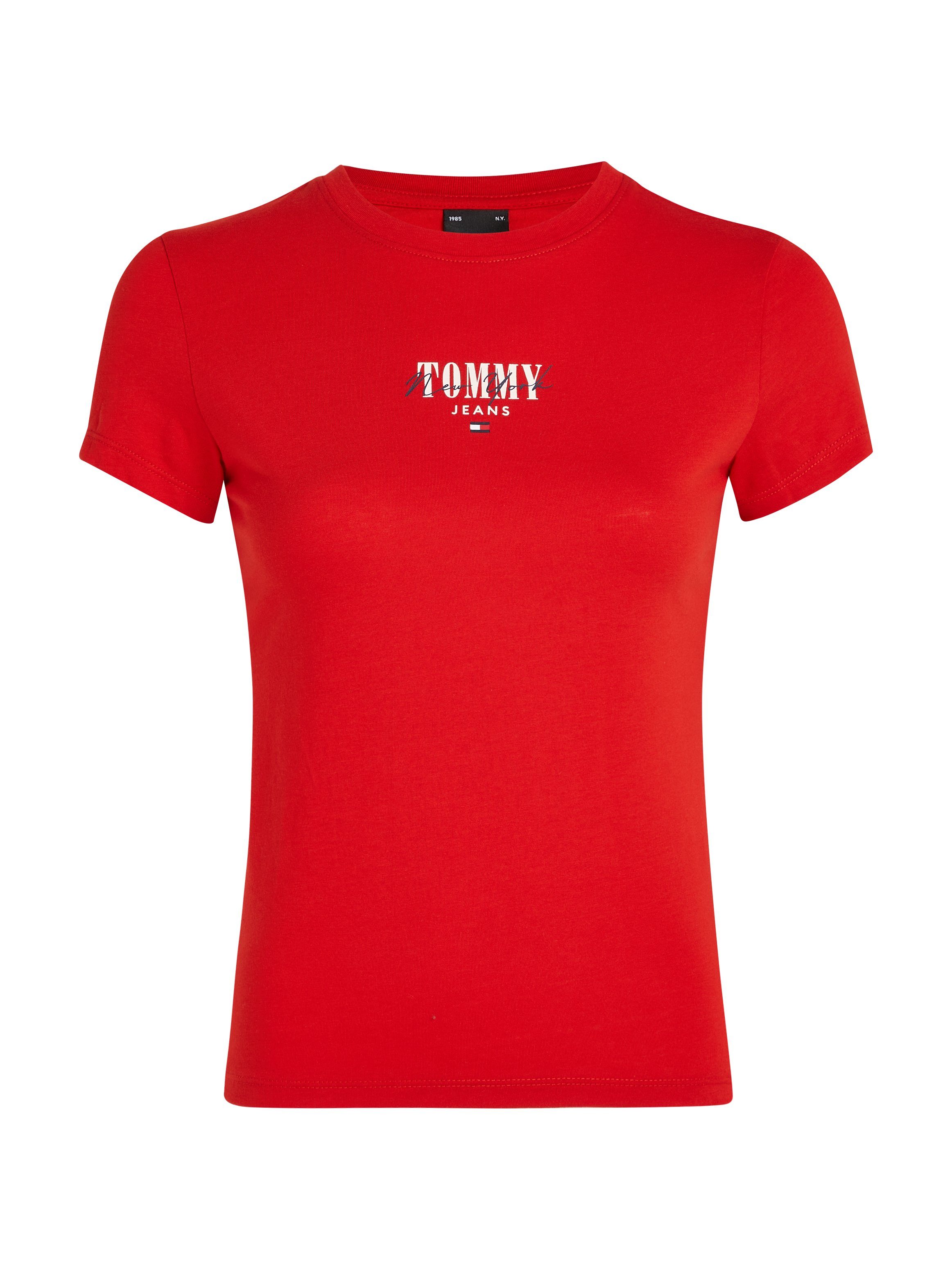 TOMMY JEANS Shirt met ronde hals Rib Slim Essential Logo Geribd shirt fijne geribde jersey stof elastisch met logo