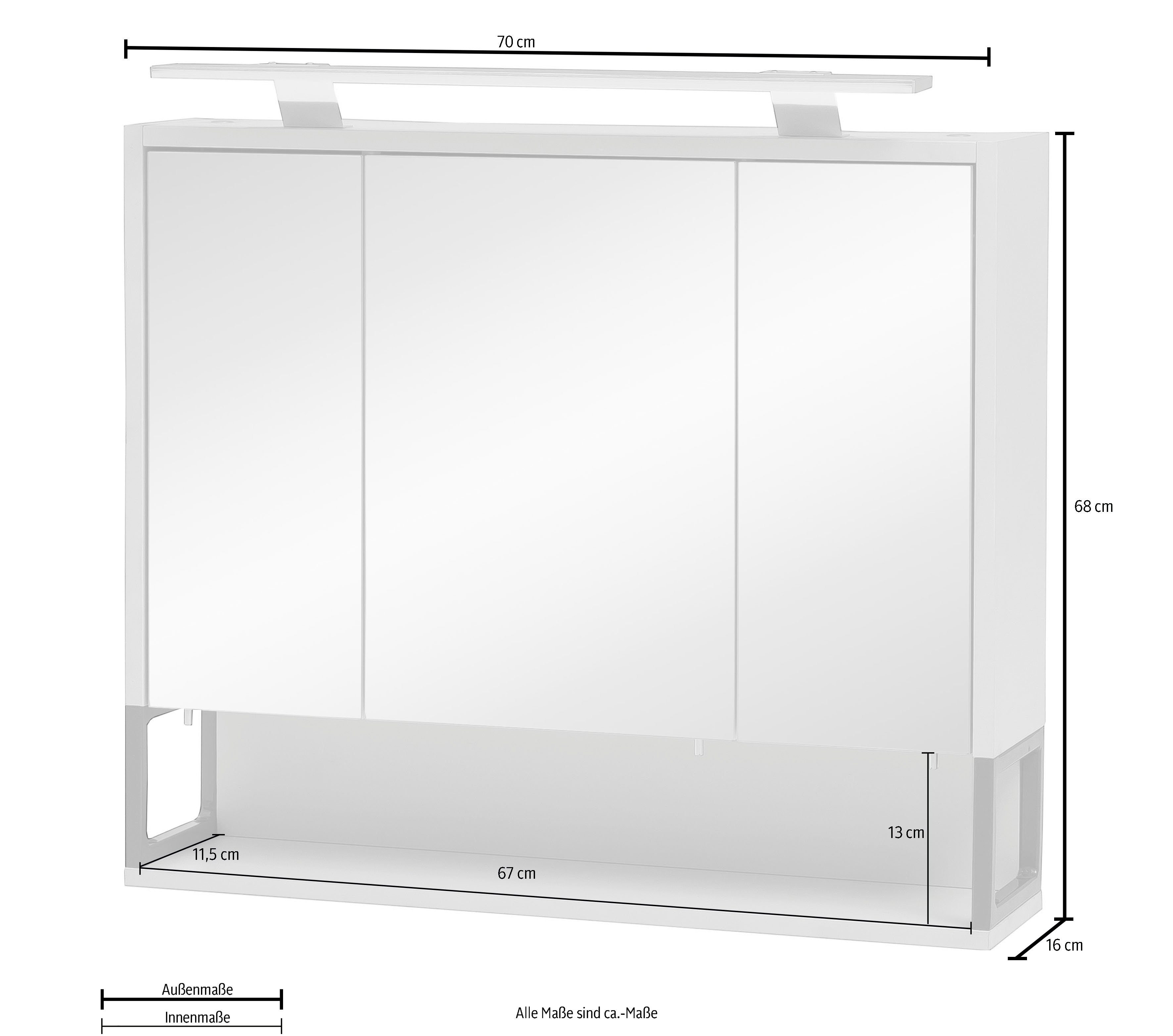 Schildmeyer Spiegelkast Limoen Breedte 70 cm, 3-deurs, ledverlichting, schakelaar-/stekkerdoos