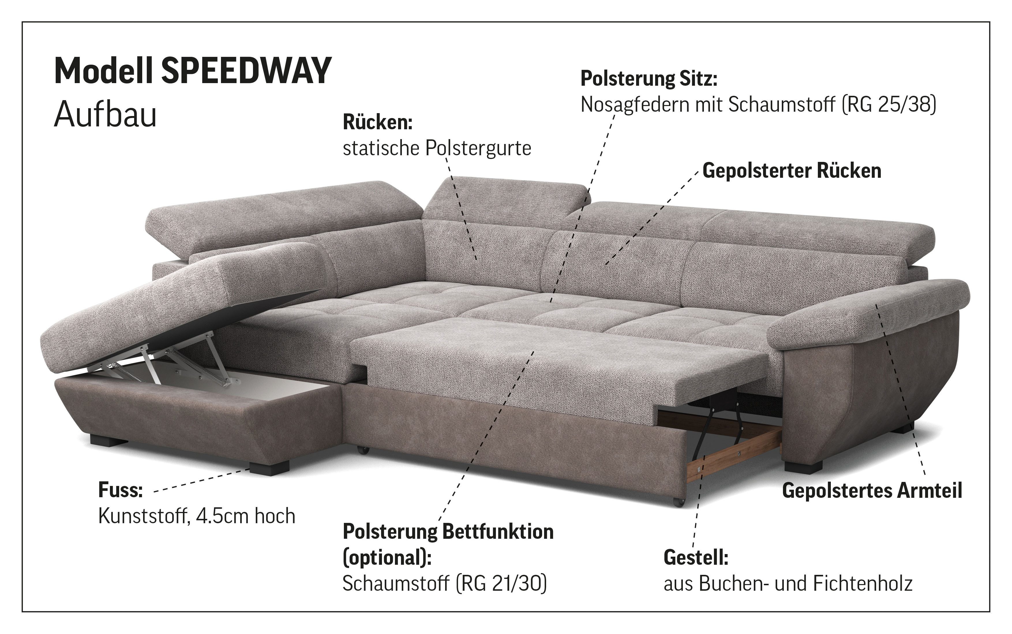 COTTA Hoekbank Speedway L-vorm met verstelbaar hoofdeind, naar keuze met slaapfunctie & bedkist