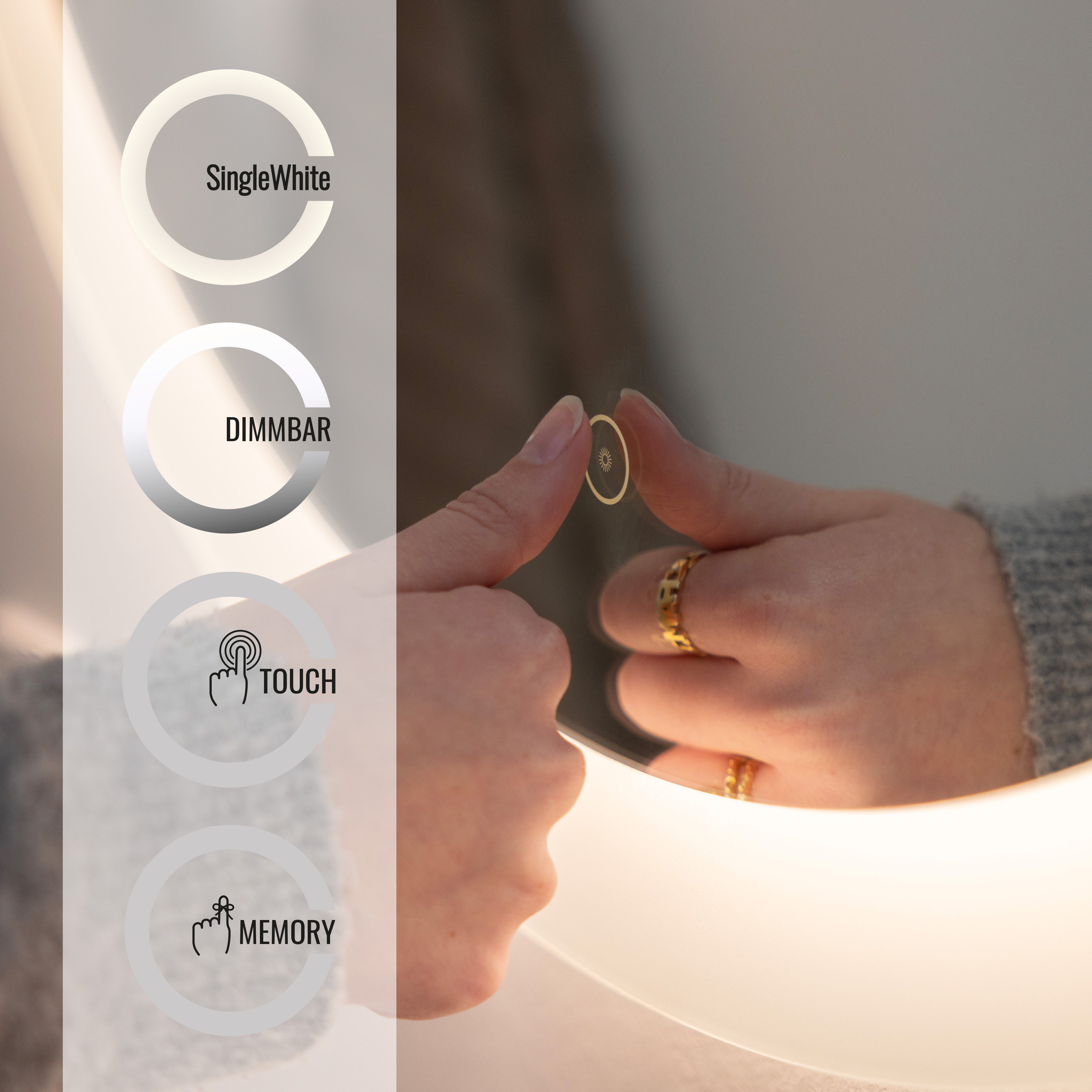 Loevschall Badspiegel Vega rond, badkamerspiegel met LED-verlichting, lichtspiegel Touchpanel voor Lichtbediening, Dimbare Spiegel, Deens Ontwerp (1 stuk)