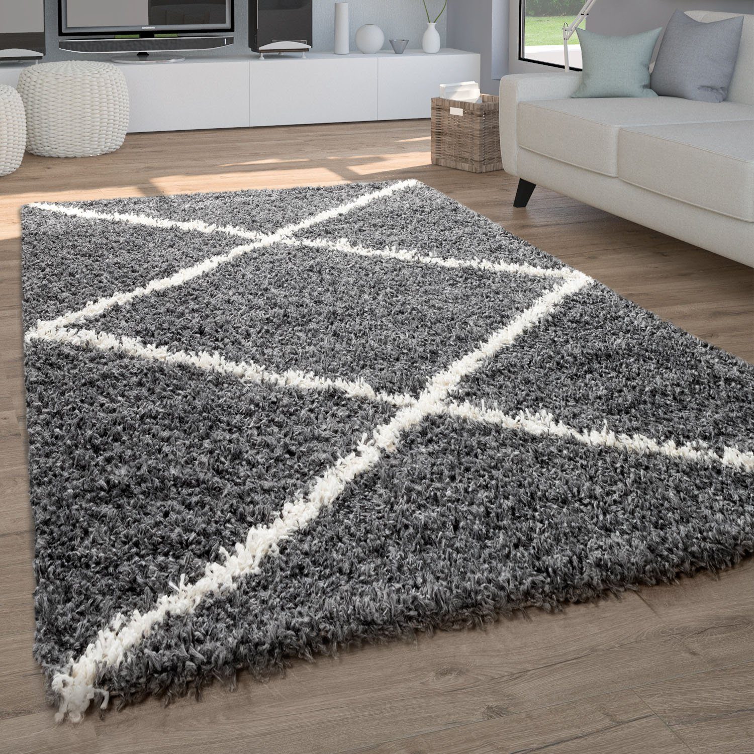 Paco Home Hoogpolig vloerkleed Kalmar 442 Scandinavisch design, ruitmotief, zacht & behaaglijk