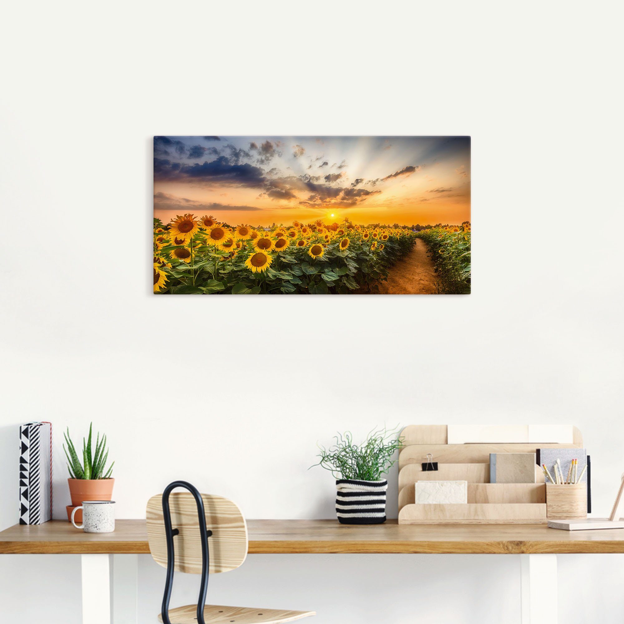 Artland Artprint Zonnebloemenveld bij zonsondergang als artprint van aluminium, artprint voor buiten, artprint op linnen, poster in verschillende maten. maten