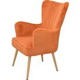 home affaire fauteuil fauteuil met poten van stalen buis, houtkleuren naturel gelakt, geheel met schuimstof opgevuld, bekleding soft-fluweel oranje
