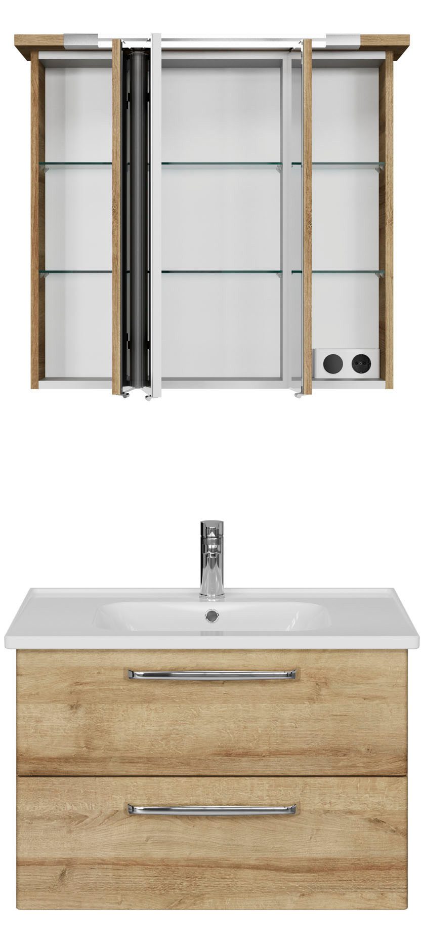 Saphir Badmeubelset Trentino 2-delig keramische wastafel, spiegelkast met LED-profiel Badkamermeubel-set 79cm breed, incl. deurdemper, 3 deuren, 2 lades (3 stuks)