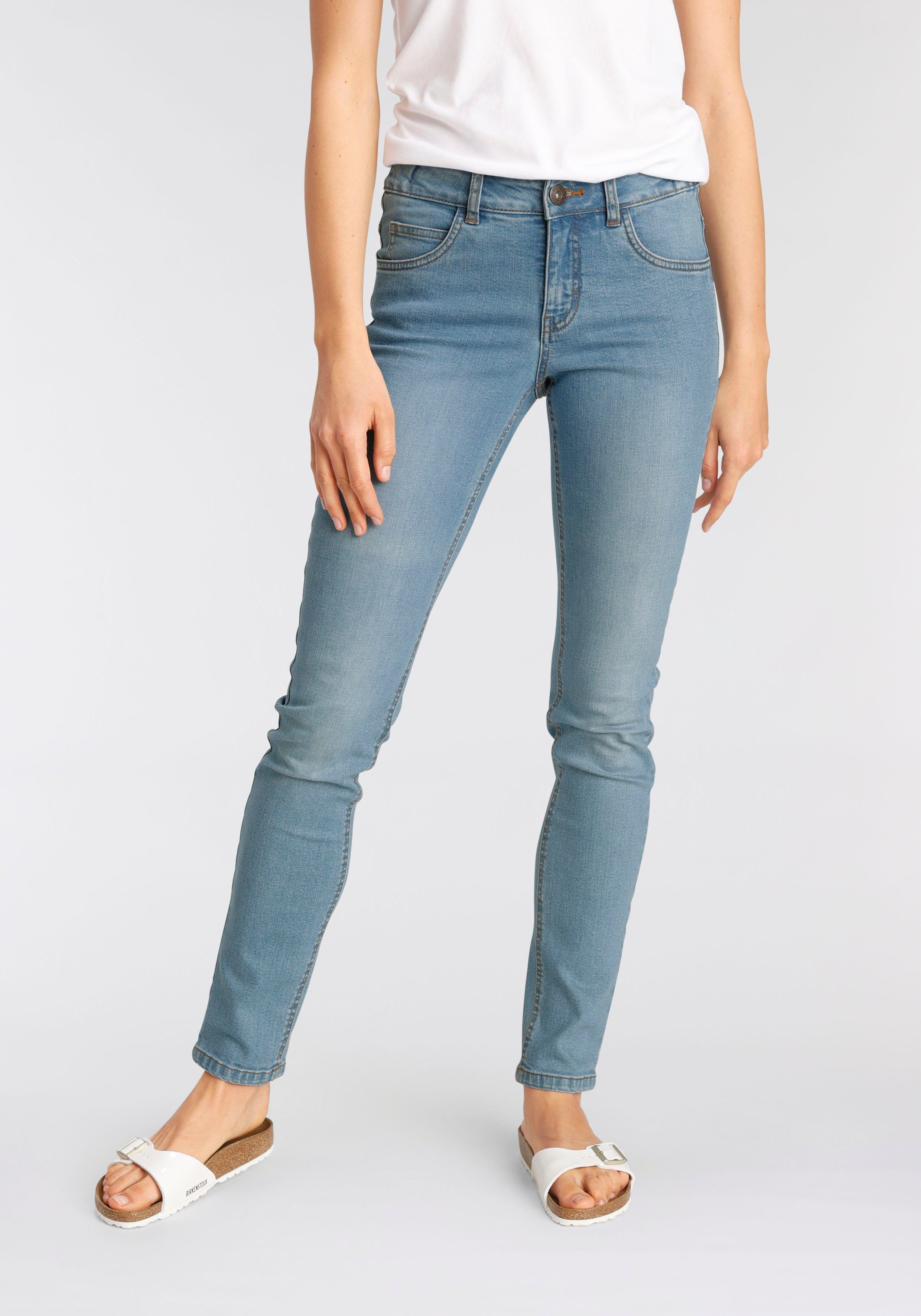 Arizona Slim fit jeans Tailleband met zij-elastiek inzet smalle pasvorm, skinny jeans, used-wassing, hoge taille
