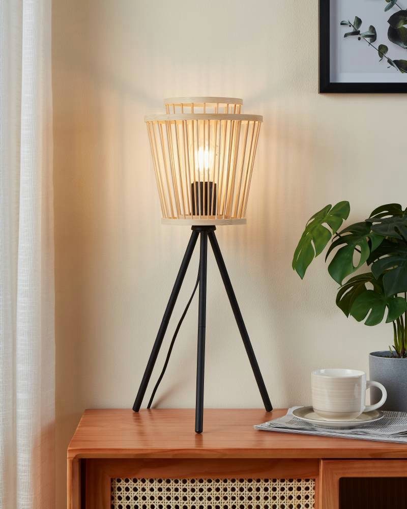 EGLO Tafellamp HYKEHAM Nachtkastlamp van bamboe in natuur en metaal in zwart, E27 fitting (1 stuk)