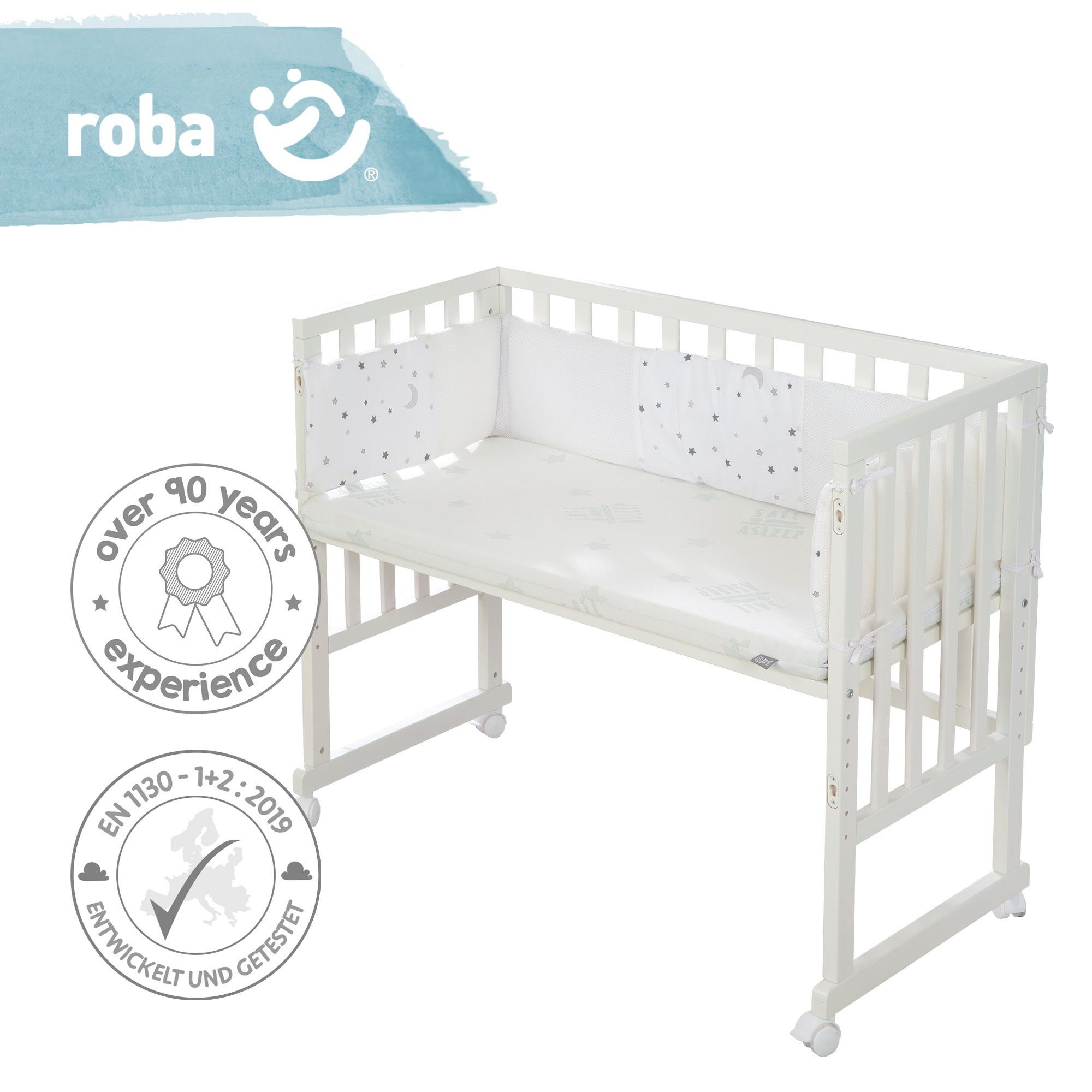 Roba® Wieg Safe Asleep® 2-in-1, wit, sterrenhemel grijs met 4 wieltjes, matras, hoofdbeschermer en veiligheidsbarrière