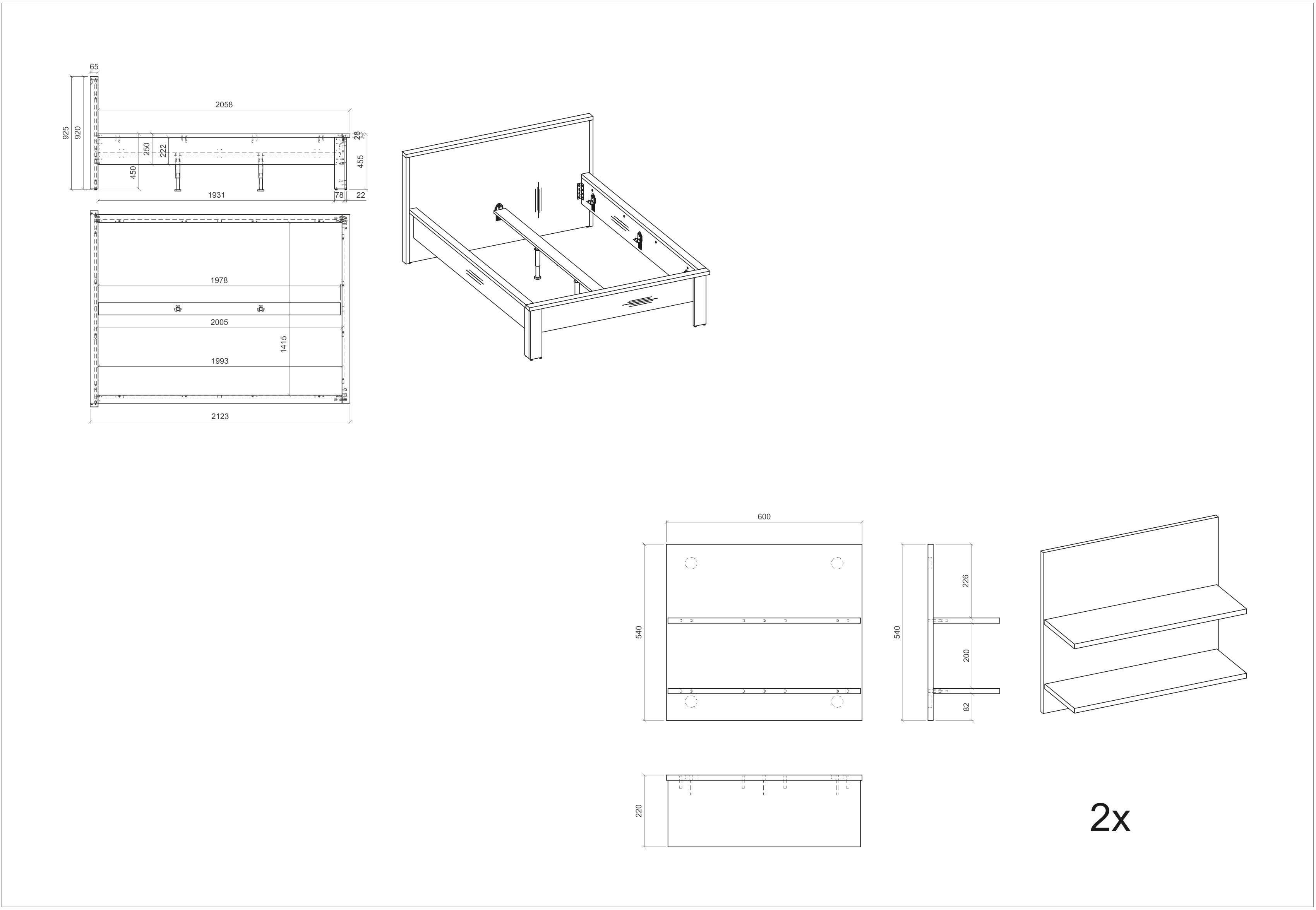 Home affaire Ledikant Sherwood Ligoppervlak 140 x 200 cm, wandpaneel met elk 2 legplanken (3-delig)