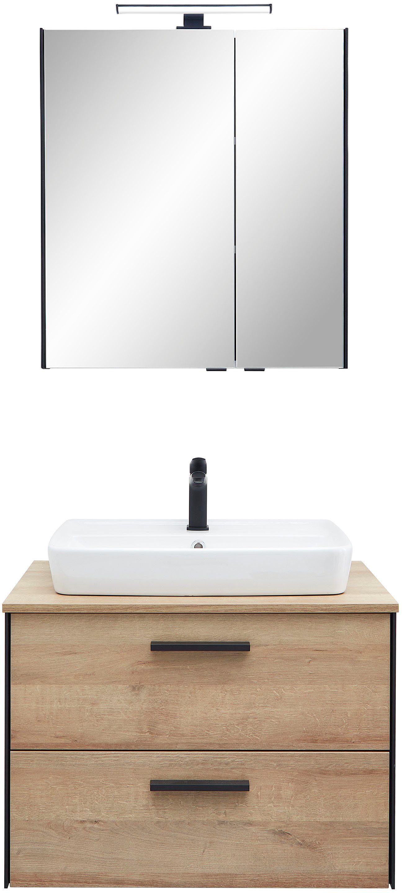 Saphir Badkamerserie Quickset 395 2-delig, keramieken opzetwasbak met led-spiegelkast Wastafelmeubel 73 cm breed, 2 laden, wastafelblad,