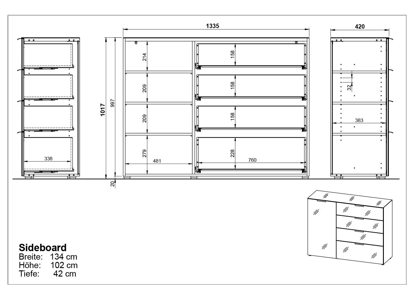 GERMANIA Dressoir OAKLAND in 2 breedten, fronten en bovenblad met glas-inlay