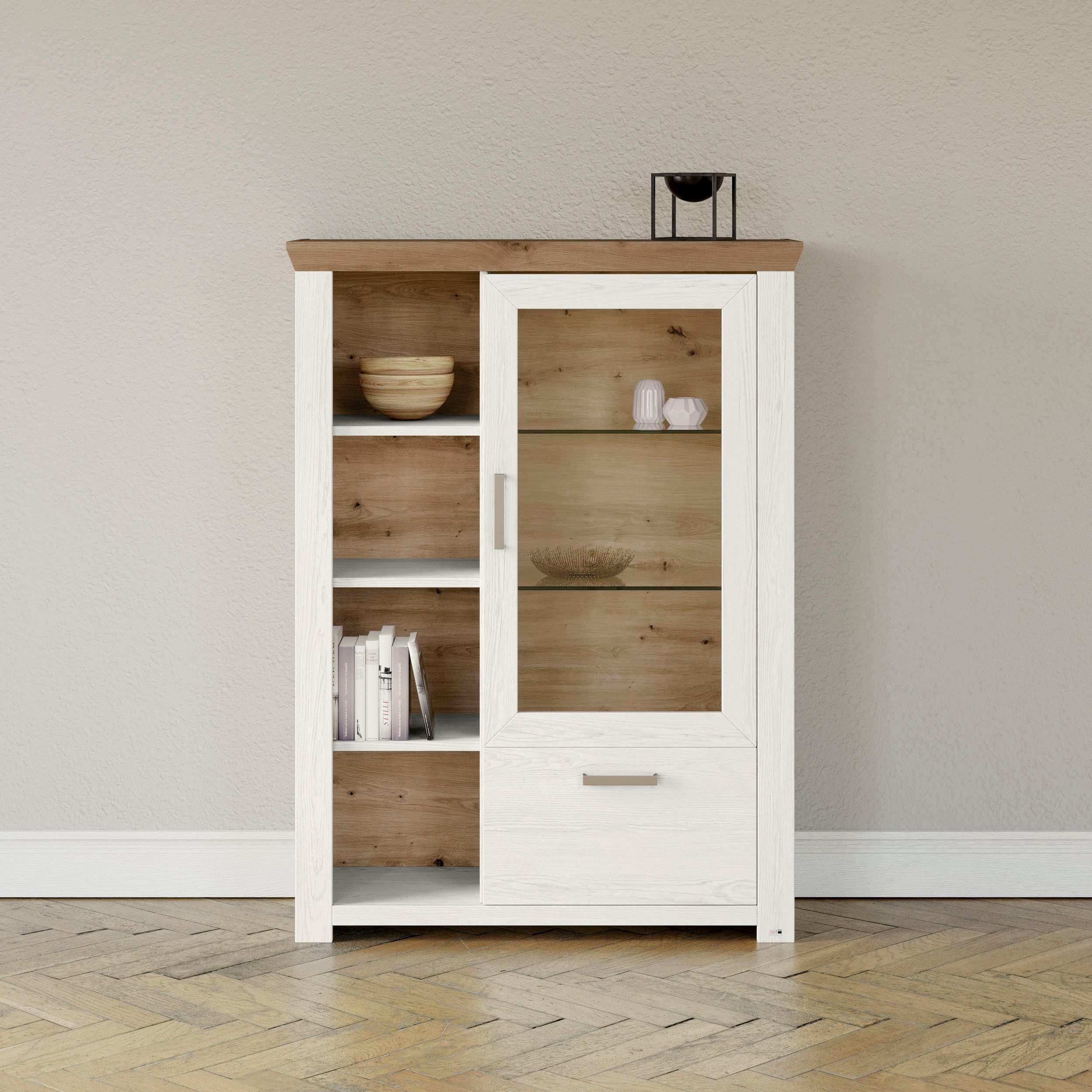 set one by Musterring Highboard York Type 13 en 14, met Glazendeur en lade, 3 kleurvarianten, B 105 cm highboards wit