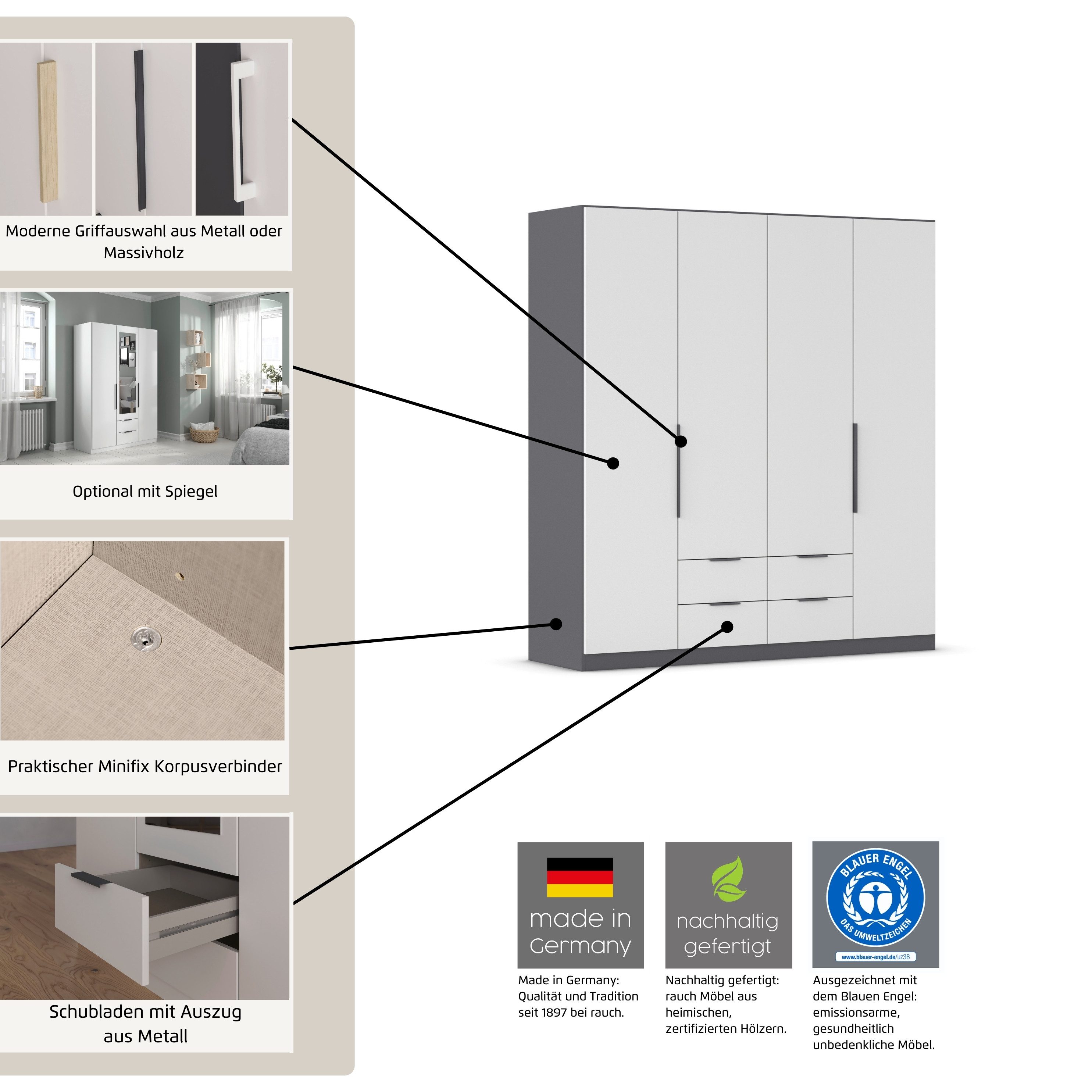 rauch Draaideurkast Kledingkast garderobe KREFELD optioneel met spiegel met 3 greepvarianten, incl. praktische lades made in germany