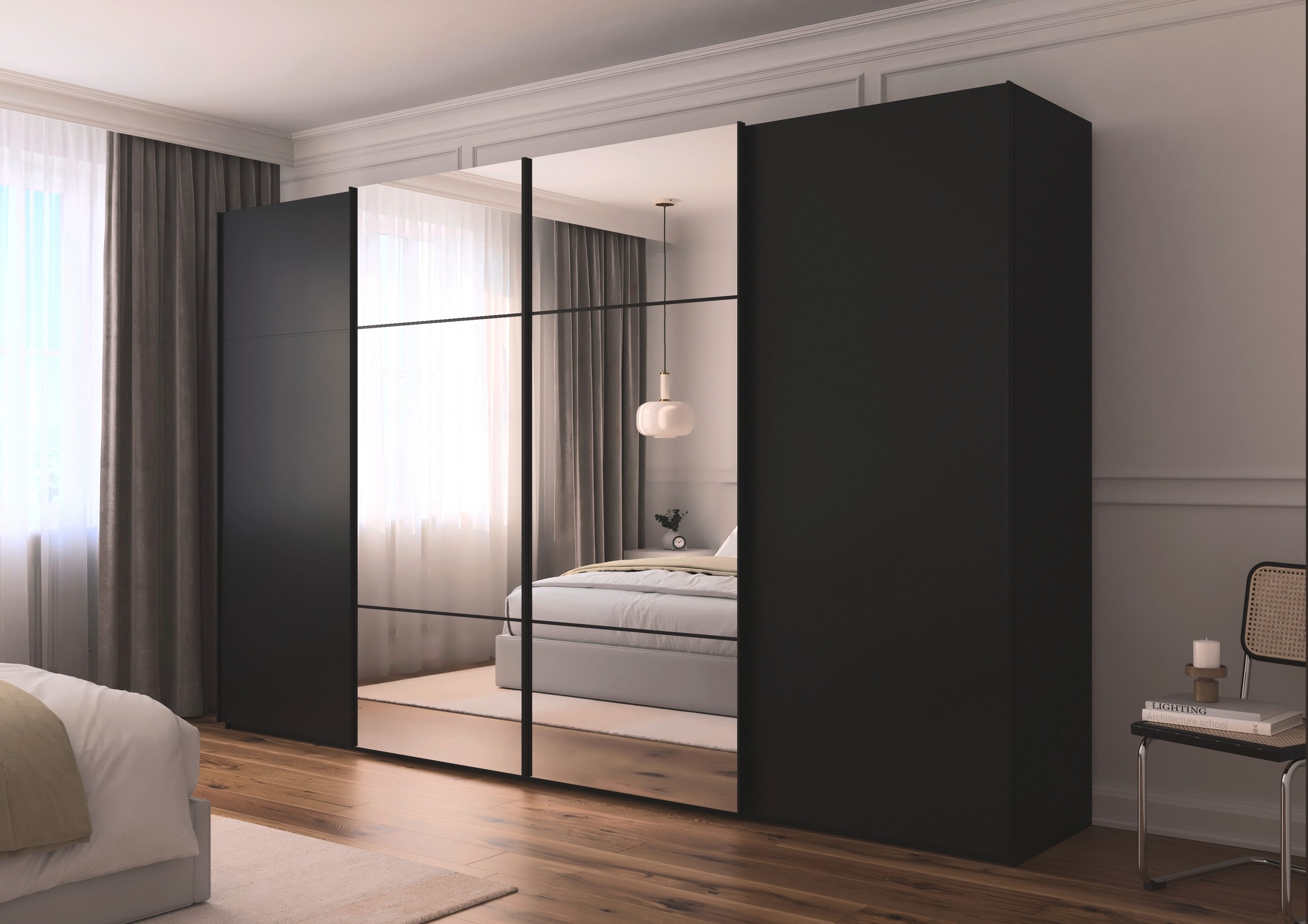 rauch Schuifdeurkast Kledingkast kast garderobe slaapkamerkast SCALE-TRIO edel drievoudig front met 2 sierlijsten en spiegel made in germany
