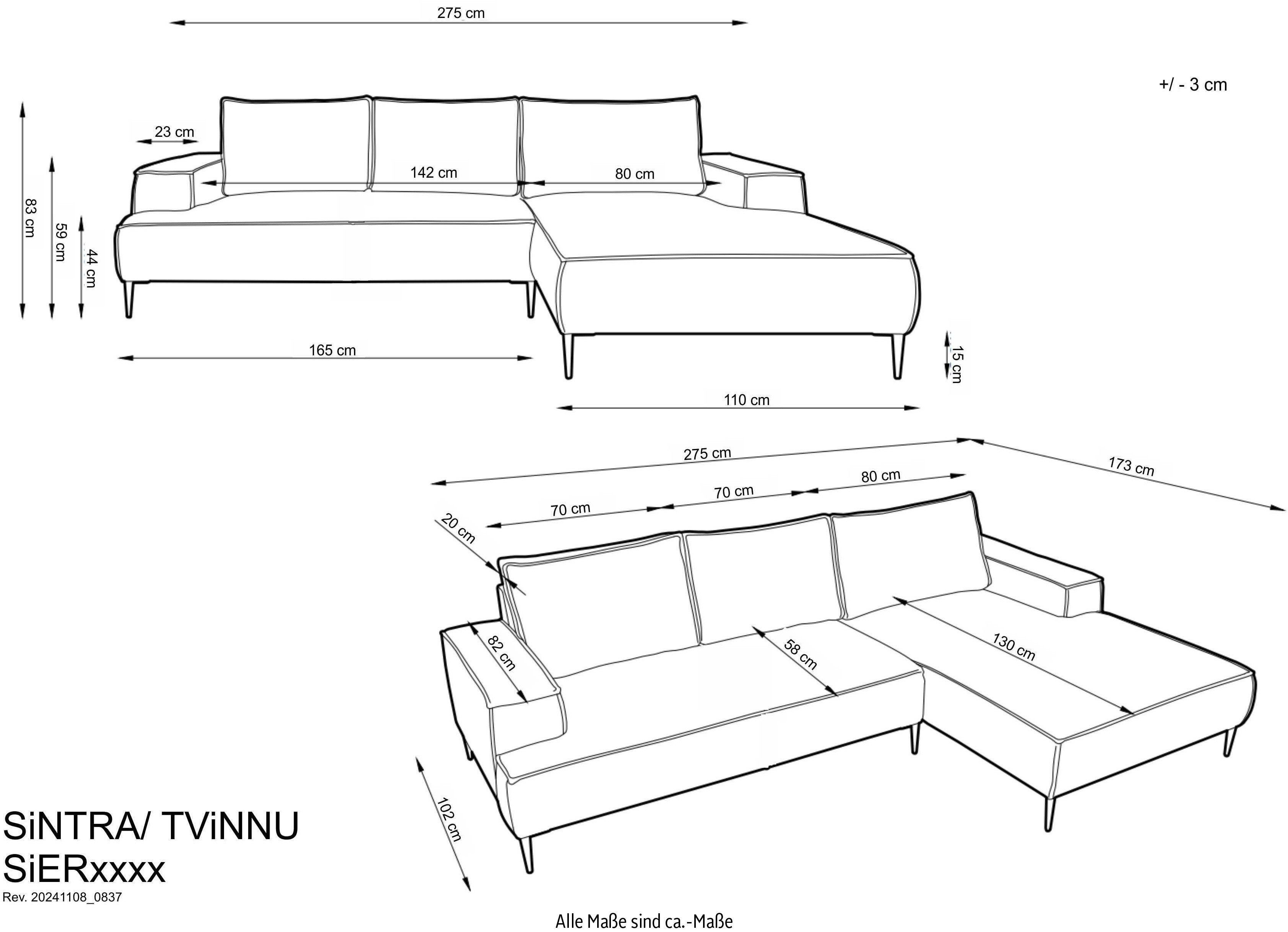 andas Zithoek TVINNU, Polsterecke L-Form, Schlaffunktion, met Hocker (set, 2-delig)