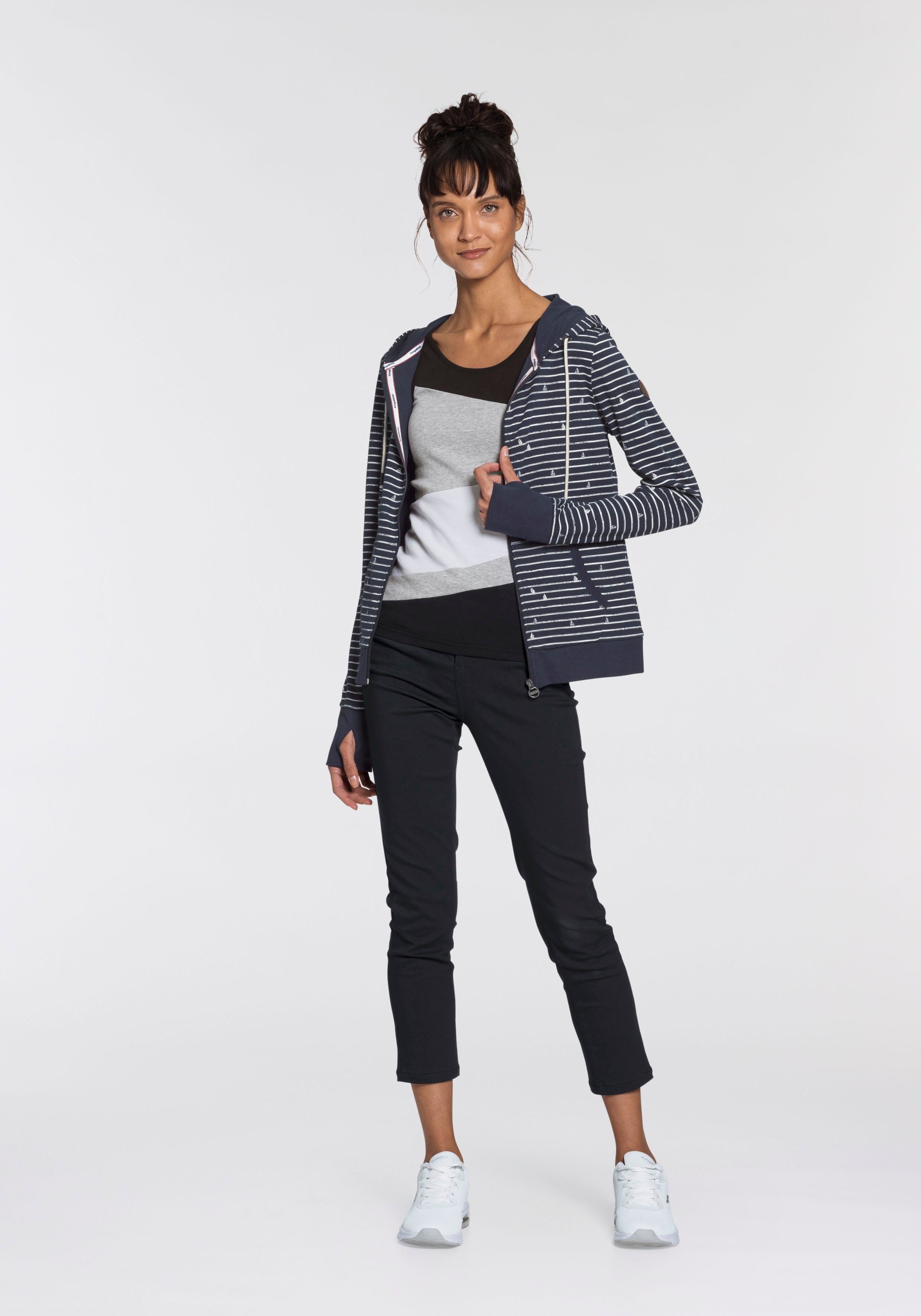 KangaROOS Capuchonsweatvest met maritieme print all-over van strepen en minimalistische schepen