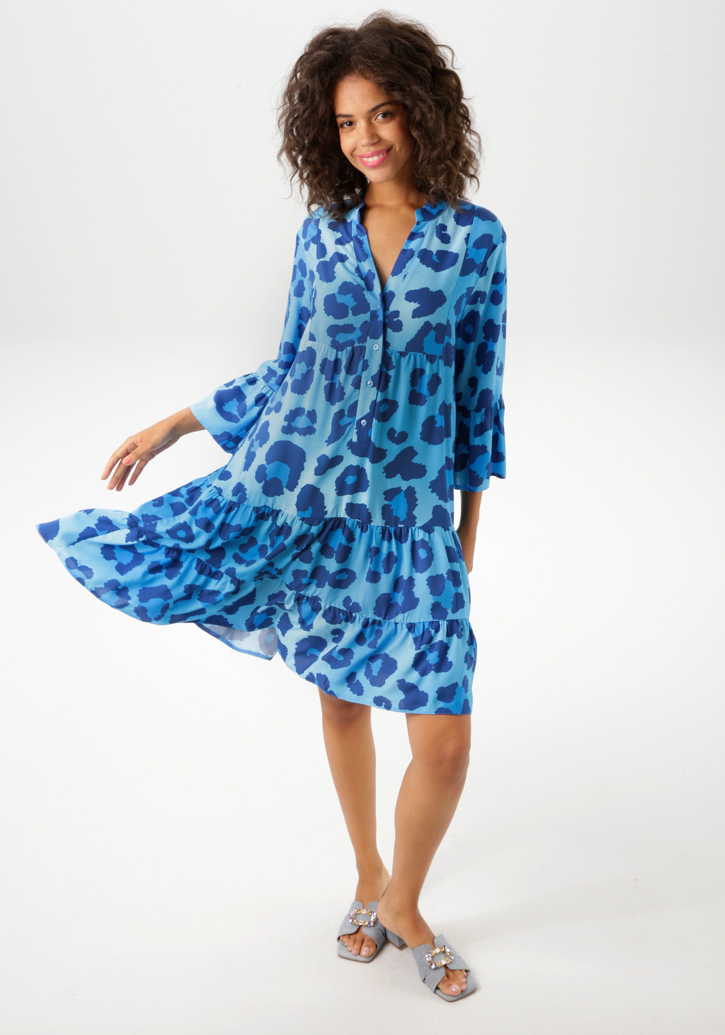 Aniston CASUAL Tuniekjurk met kleurrijke, grafische bloemen bedrukt dames blousejurken maat 40 blauw