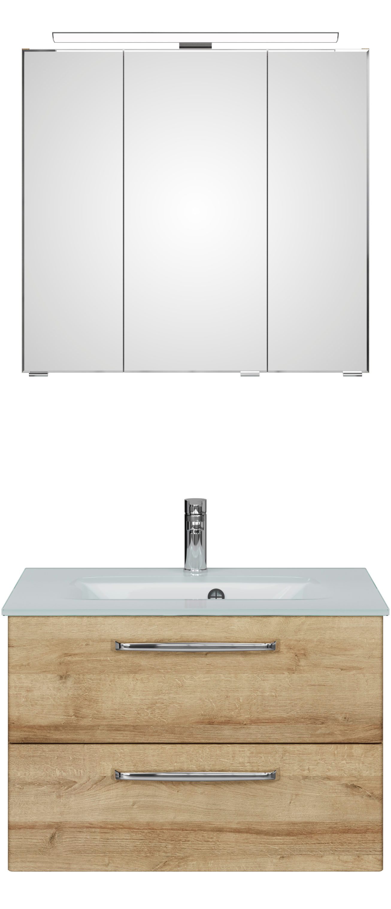 Saphir Badmeubelset Trentino 2-delig glazen wastafel, spiegelkast met LED-verlichting Badkamermeubel-set 77cm breed, incl. deurdemper, 3 deuren, 2 lades (3 stuks)
