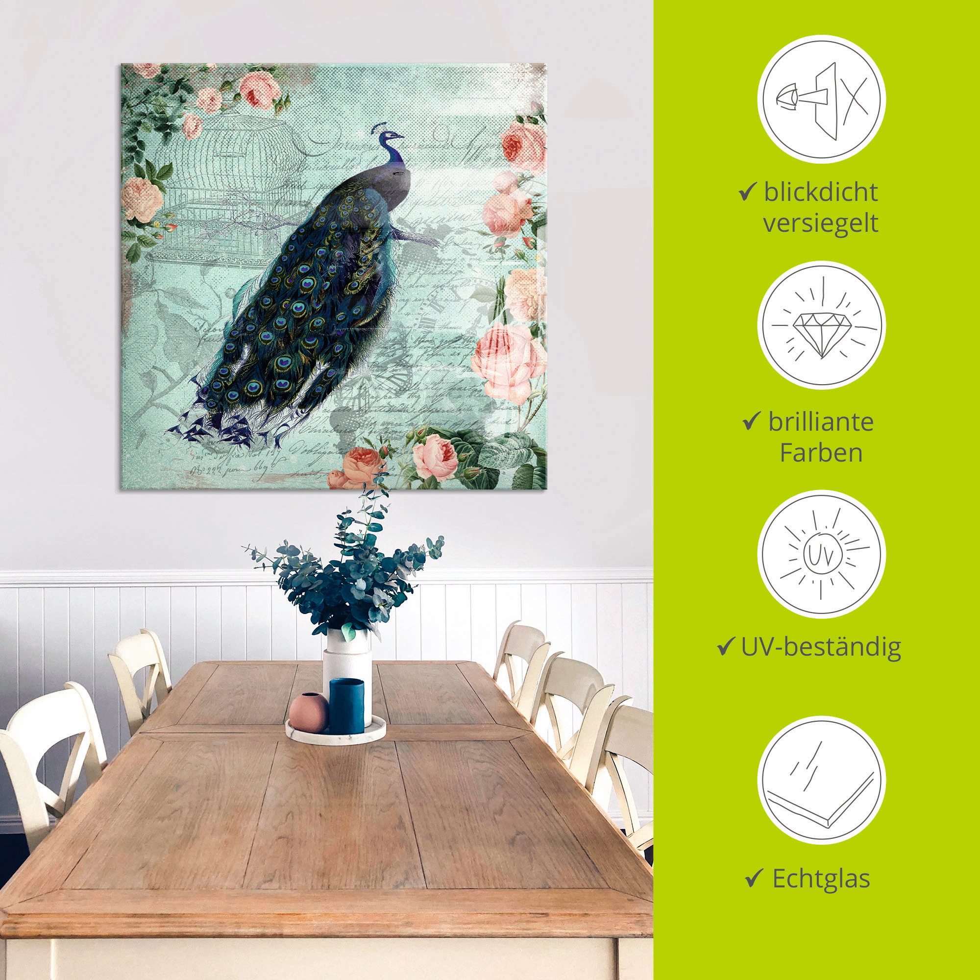 Artland Print op glas Vintage rozen en pauw illustratie